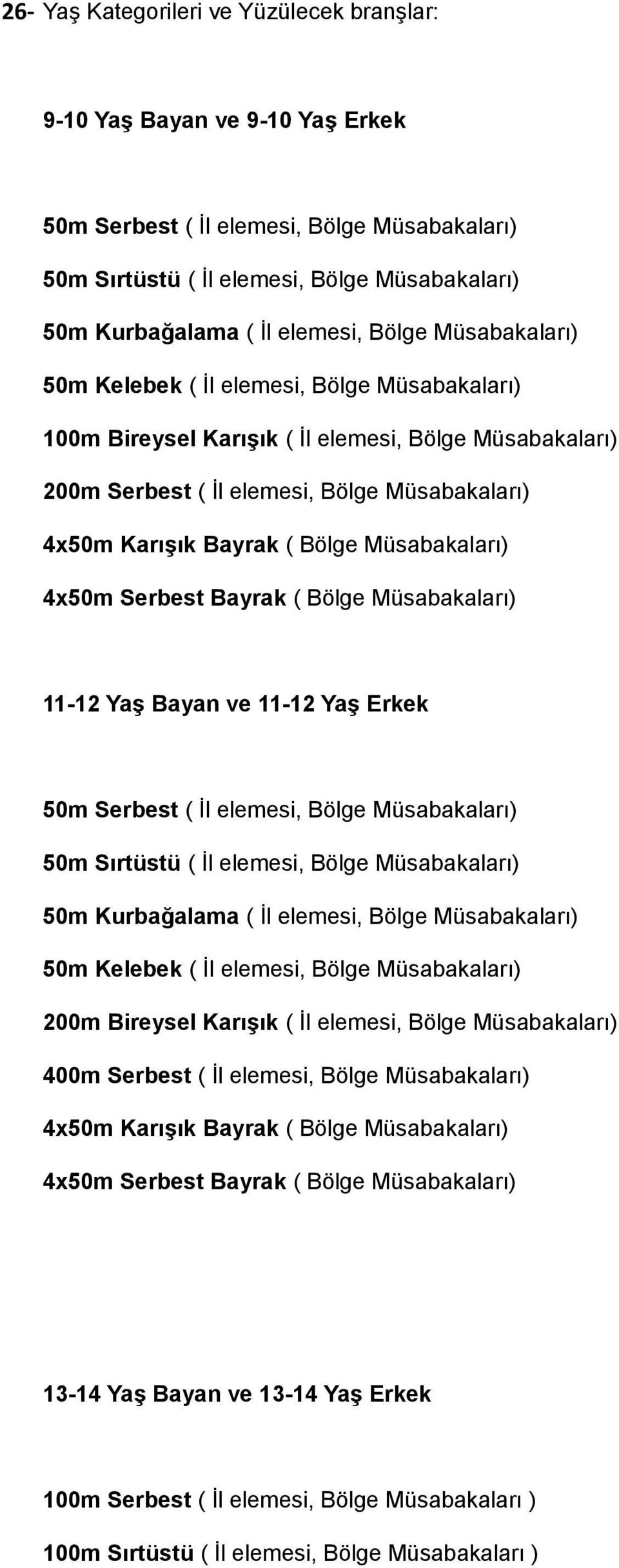 Müsabakaları) 4x50m Serbest Bayrak ( Bölge Müsabakaları) 11-12 Yaş Bayan ve 11-12 Yaş Erkek 50m Serbest ( İl elemesi, Bölge Müsabakaları) 50m Sırtüstü ( İl elemesi, Bölge Müsabakaları) 50m