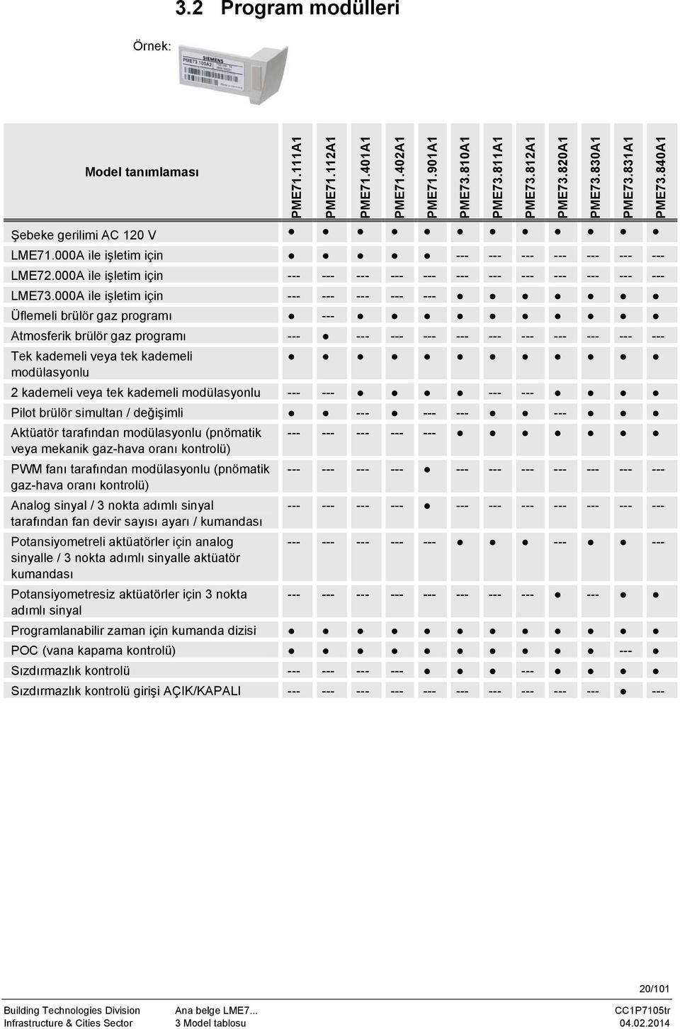 000A ile işletim için --- --- --- --- --- Üflemeli brülör gaz programı --- Atmosferik brülör gaz programı --- --- --- --- --- --- --- --- --- --- --- Tek kademeli veya tek kademeli modülasyonlu ME71.