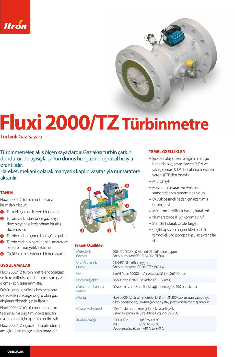 TANIM Fluxi 2000/TZ türbin metre ana kısımdan oluşur: 2 3 4 Tüm bileşenleri içeren bir gövde; Türbin çarkından önce gaz akışını düzenleyen ve hızlandıran bir akış düzenleyici; Türbin çarkını içeren