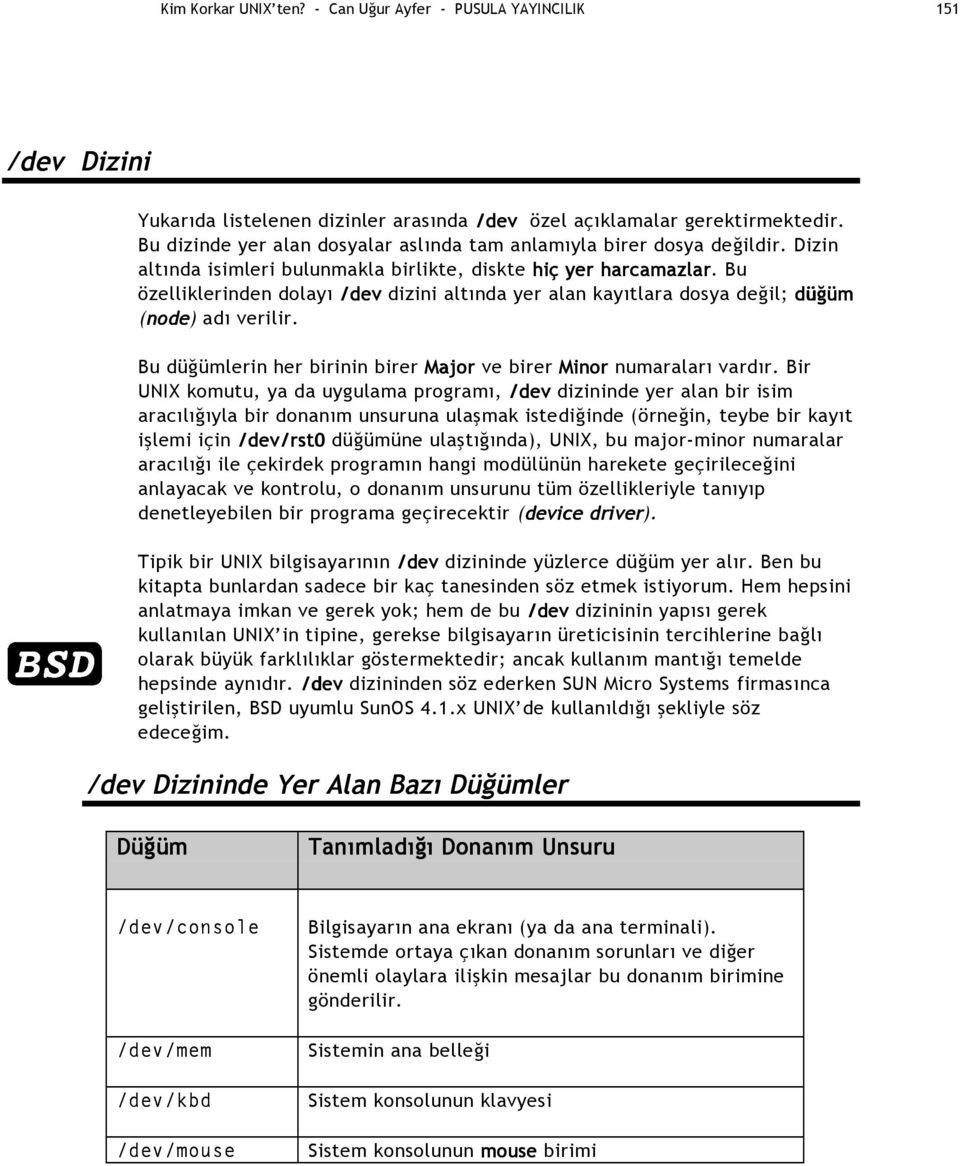 Bu özelliklerinden dolayı /dev dizini altında yer alan kayıtlara dosya değil; düğüm (node node) adı verilir. Bu düğümlerin her birinin birer Major ve birer Minor numaraları vardır.