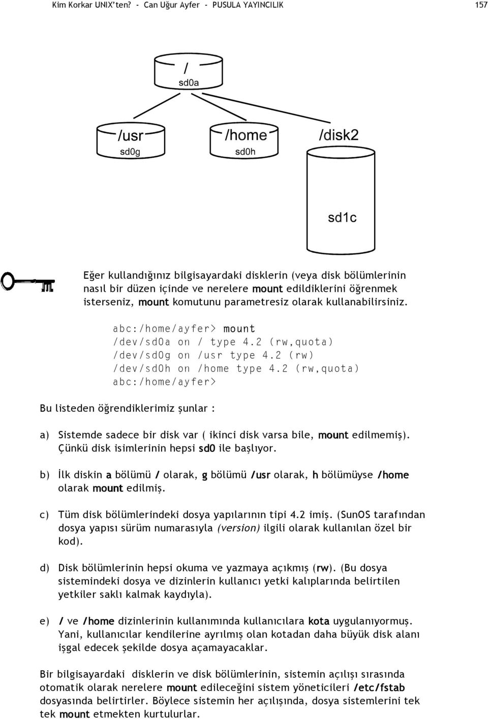 parametresiz olarak kullanabilirsiniz. abc:/home/ayfer> mount /dev/sd0a on / type 4.2 (rw,quota) /dev/sd0g on /usr type 4.2 (rw) /dev/sd0h on /home type 4.