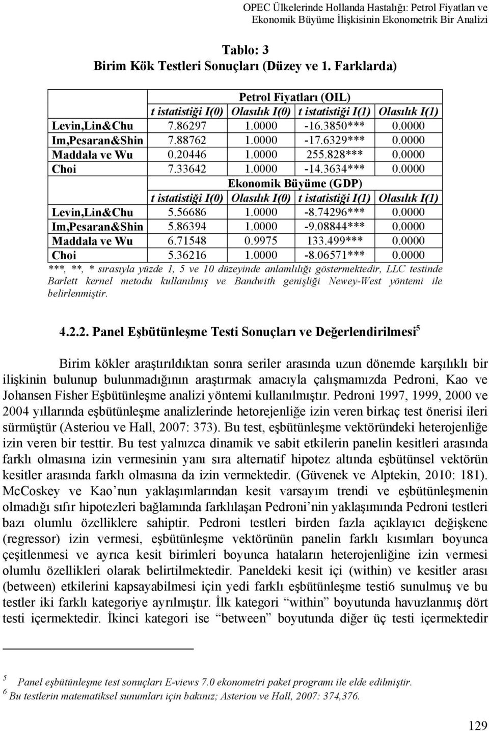 0000 Maddala ve Wu 0.20446 1.0000 255.828*** 0.0000 Choi 7.33642 1.0000-14.3634*** 0.0000 Ekonomik Büyüme (GDP) t istatistiği I(0) Olasılık I(0) t istatistiği I(1) Olasılık I(1) Levin,Lin&Chu 5.