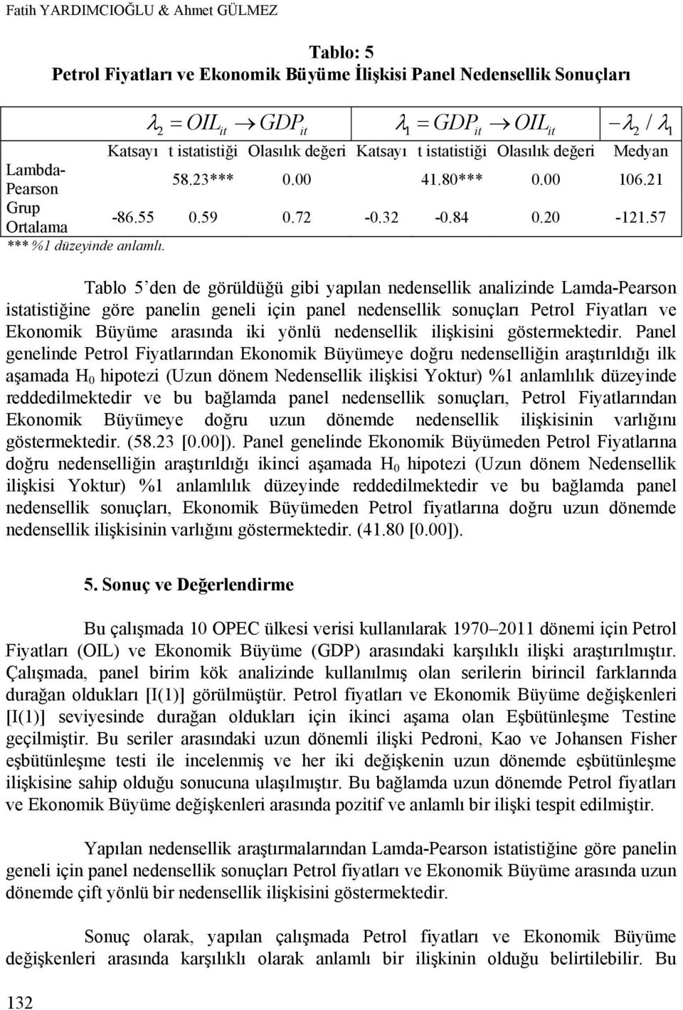 Tablo 5 den de görüldüğü gibi yapılan nedensellik analizinde Lamda-Pearson istatistiğine göre panelin geneli için panel nedensellik sonuçları Petrol Fiyatları ve Ekonomik Büyüme arasında iki yönlü