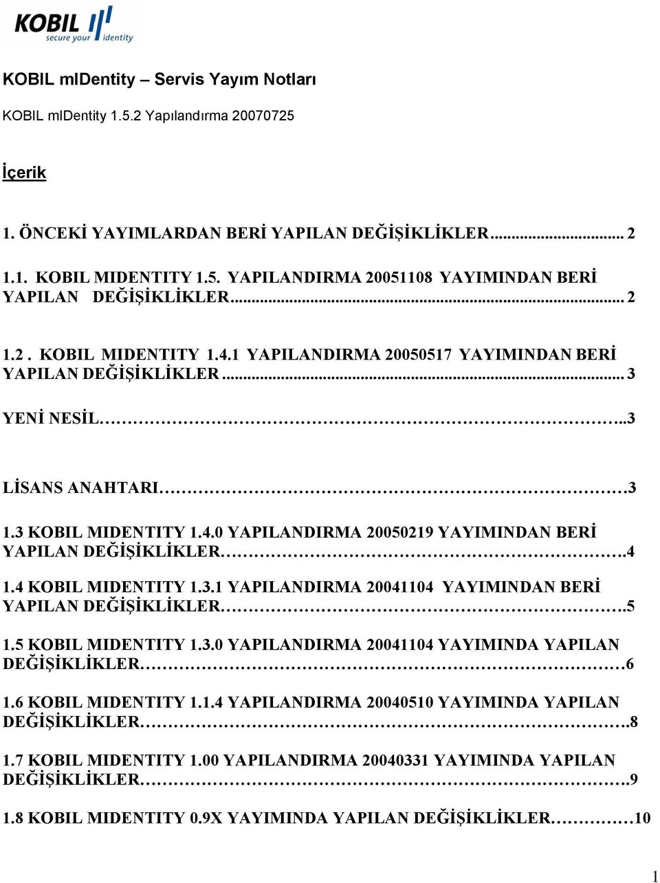 4 1.4 KOBIL MIDENTITY 1.3.1 YAPILANDIRMA 20041104 YAYIMINDAN BERİ YAPILAN DEĞİŞİKLİKLER.5 1.5 KOBIL MIDENTITY 1.3.0 YAPILANDIRMA 20041104 YAYIMINDA YAPILAN DEĞİŞİKLİKLER 6 1.6 KOBIL MIDENTITY 1.1.4 YAPILANDIRMA 20040510 YAYIMINDA YAPILAN DEĞİŞİKLİKLER.