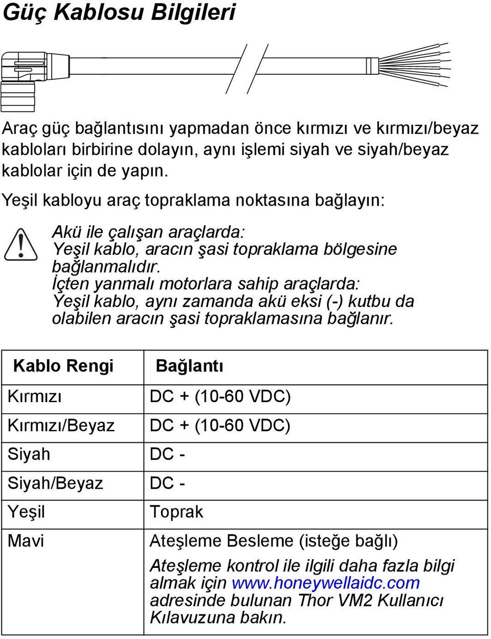 İçten yanmalı motorlara sahip araçlarda: Yeşil kablo, aynı zamanda akü eksi (-) kutbu da olabilen aracın şasi topraklamasına bağlanır.