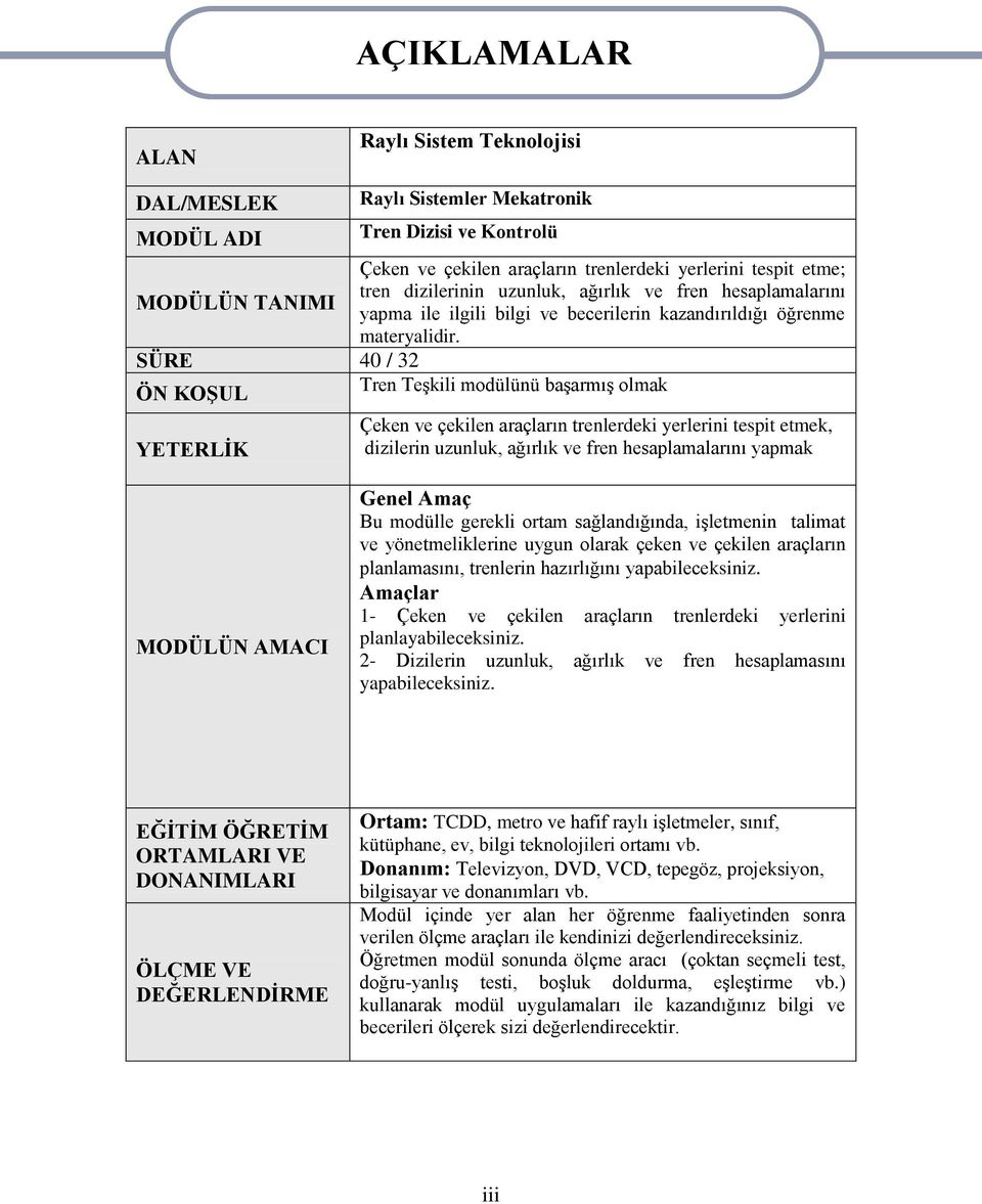 SÜRE 40 / 32 ÖN KOġUL Tren TeĢkili modülünü baģarmıģ olmak YETERLĠK Çeken ve çekilen araçların trenlerdeki yerlerini tespit etmek, dizilerin uzunluk, ağırlık ve fren hesaplamalarını yapmak MODÜLÜN