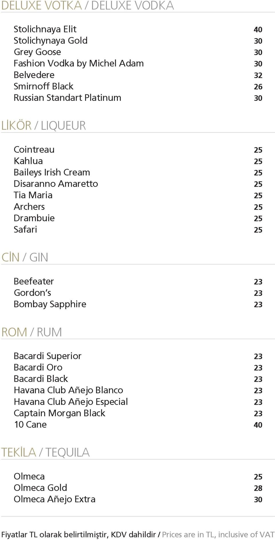 Drambuie 25 Safari 25 C N / GIN Beefeater 23 Gordon s 23 Bombay Sapphire 23 ROM / RUM Bacardi Superior 23 Bacardi Oro 23 Bacardi Black 23 Havana