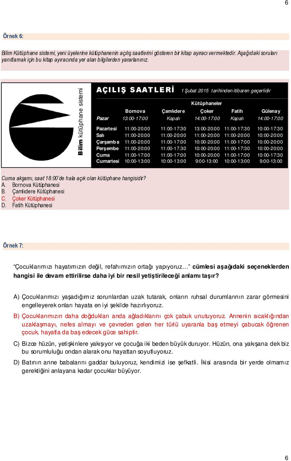 Bilim kütüphane sistemi AÇILIŞ SAATLERİ 1 Şubat 2015 tarihinden itibaren geçerlidir Kütüphaneler Bornova Çamlıdere Çoker Fatih Gülenay Pazar 13:00-17:00 Kapalı 14:00-17:00 Kapalı 14:00-17:00