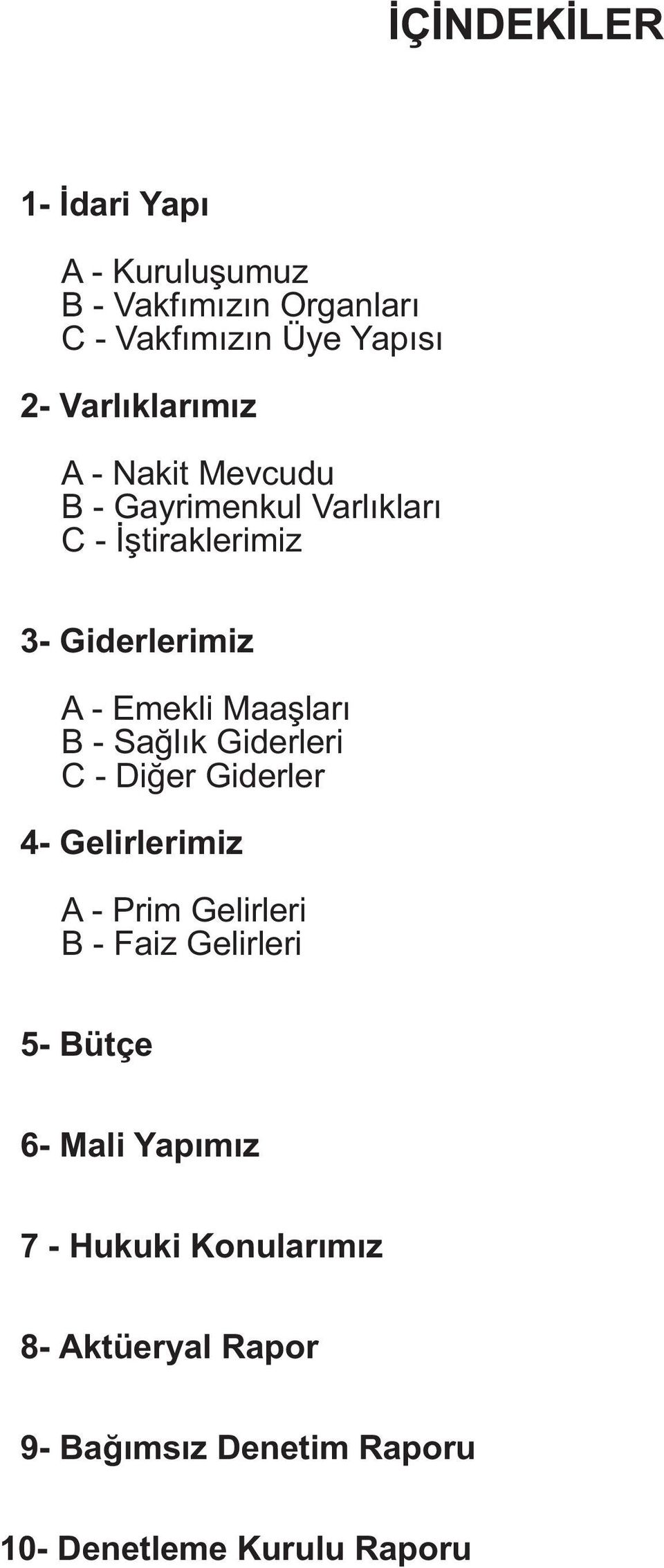 Maaþlarý B - Saðlýk Giderleri C - Diðer Giderler 4- Gelirlerimiz A - Prim Gelirleri B - Faiz Gelirleri 5-