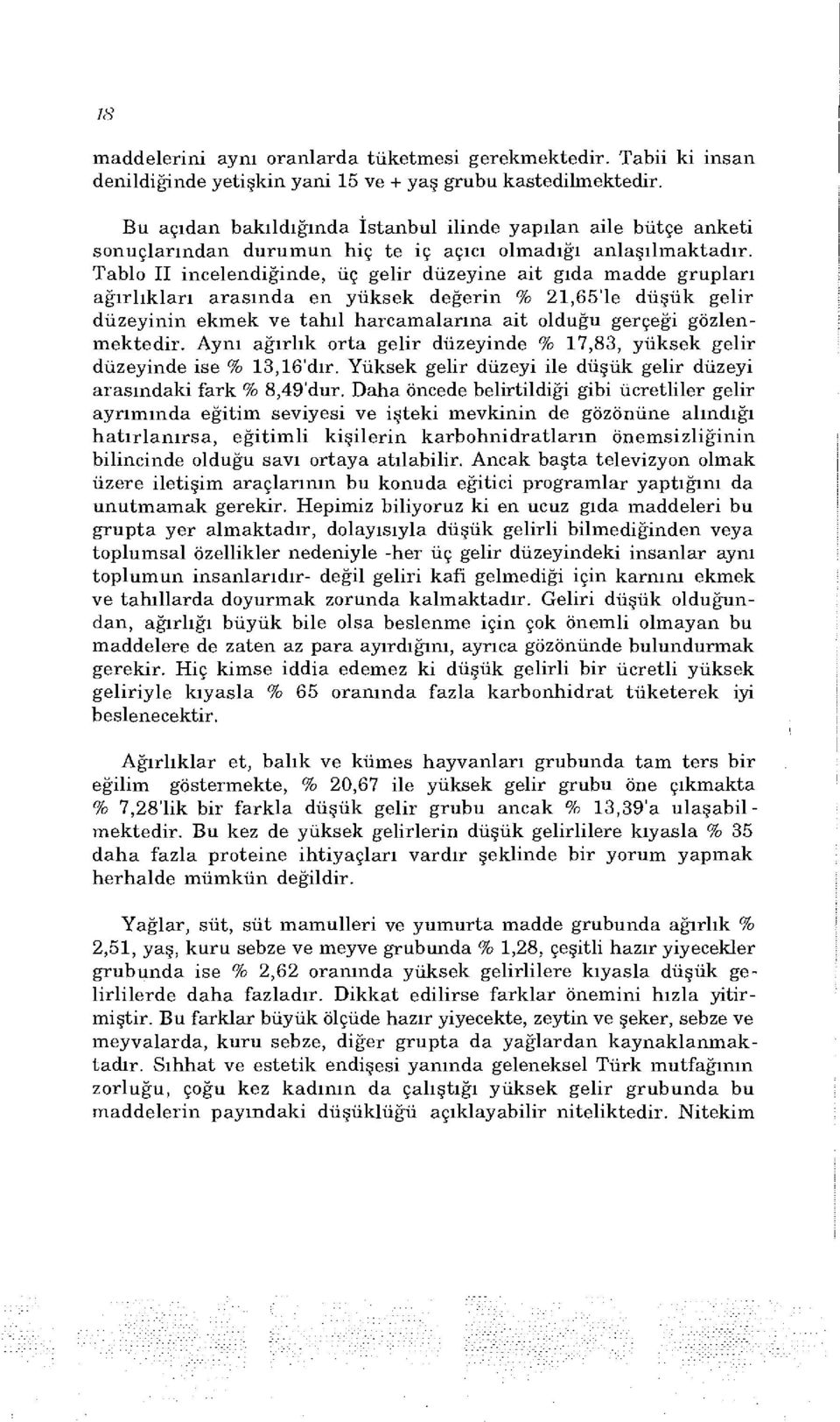 Tablo II incelendiğinde, üç gelir düzeyine ait gıda madde grupları ağırlıkları arasında en yüksek değerin % 21,65'le düşük gelir düzeyinin ekmek ve tahıl harcamalarına ait olduğu gerçeği