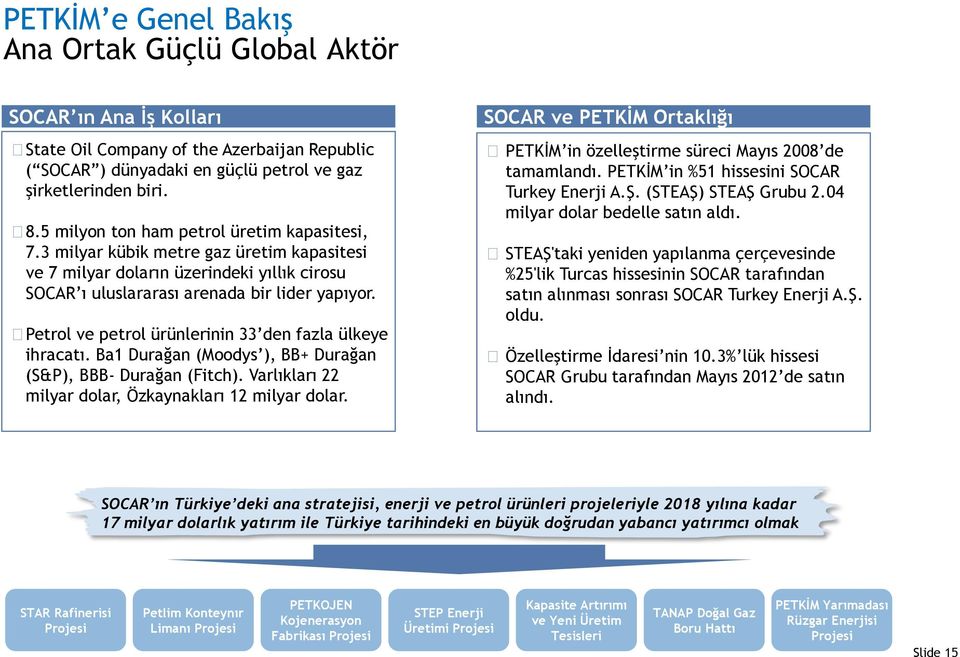 Petrol ve petrol ürünlerinin 33 den fazla ülkeye ihracatı. Ba1 Durağan (Moodys ), BB+ Durağan (S&P), BBB- Durağan (Fitch). Varlıkları 22 milyar dolar, Özkaynakları 12 milyar dolar.