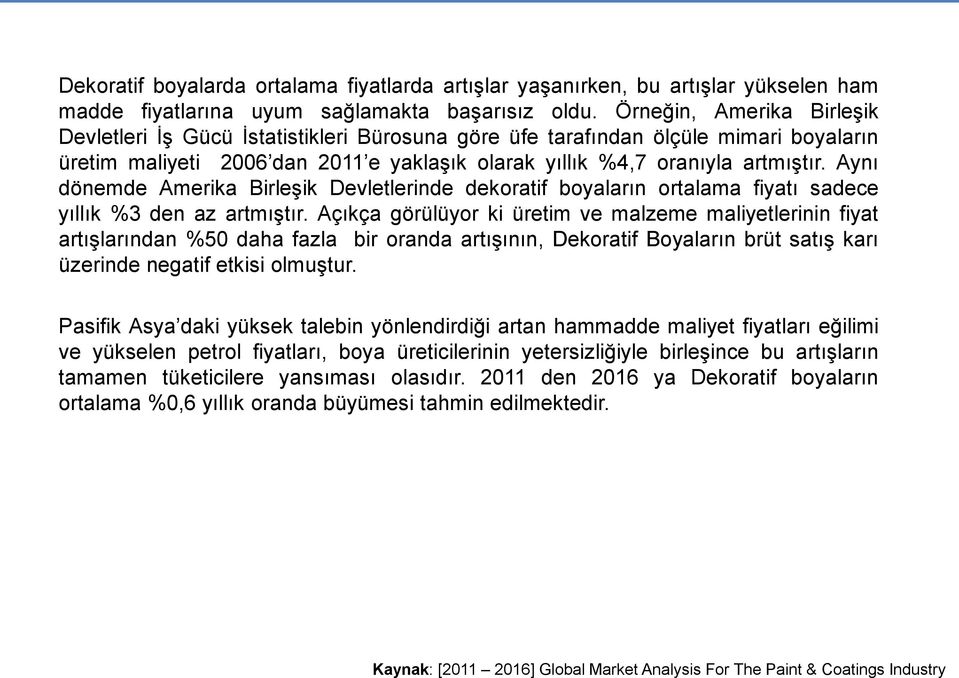 Aynı dönemde Amerika Birleşik Devletlerinde dekoratif boyaların ortalama fiyatı sadece yıllık %3 den az artmıştır.