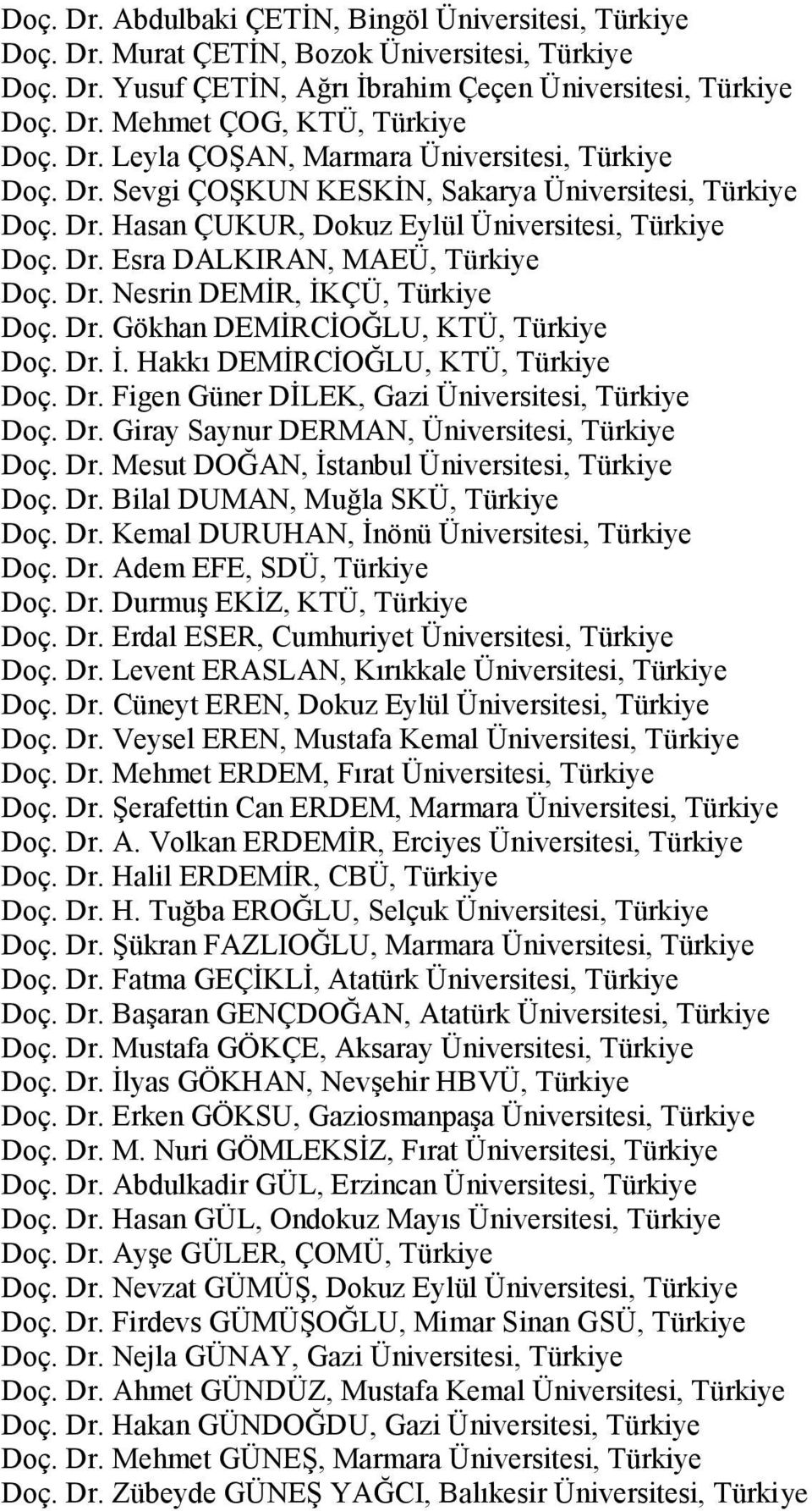 Dr. Nesrin DEMİR, İKÇÜ, Türkiye Doç. Dr. Gökhan DEMİRCİOĞLU, KTÜ, Türkiye Doç. Dr. İ. Hakkı DEMİRCİOĞLU, KTÜ, Türkiye Doç. Dr. Figen Güner DİLEK, Gazi Üniversitesi, Türkiye Doç. Dr. Giray Saynur DERMAN, Üniversitesi, Türkiye Doç.