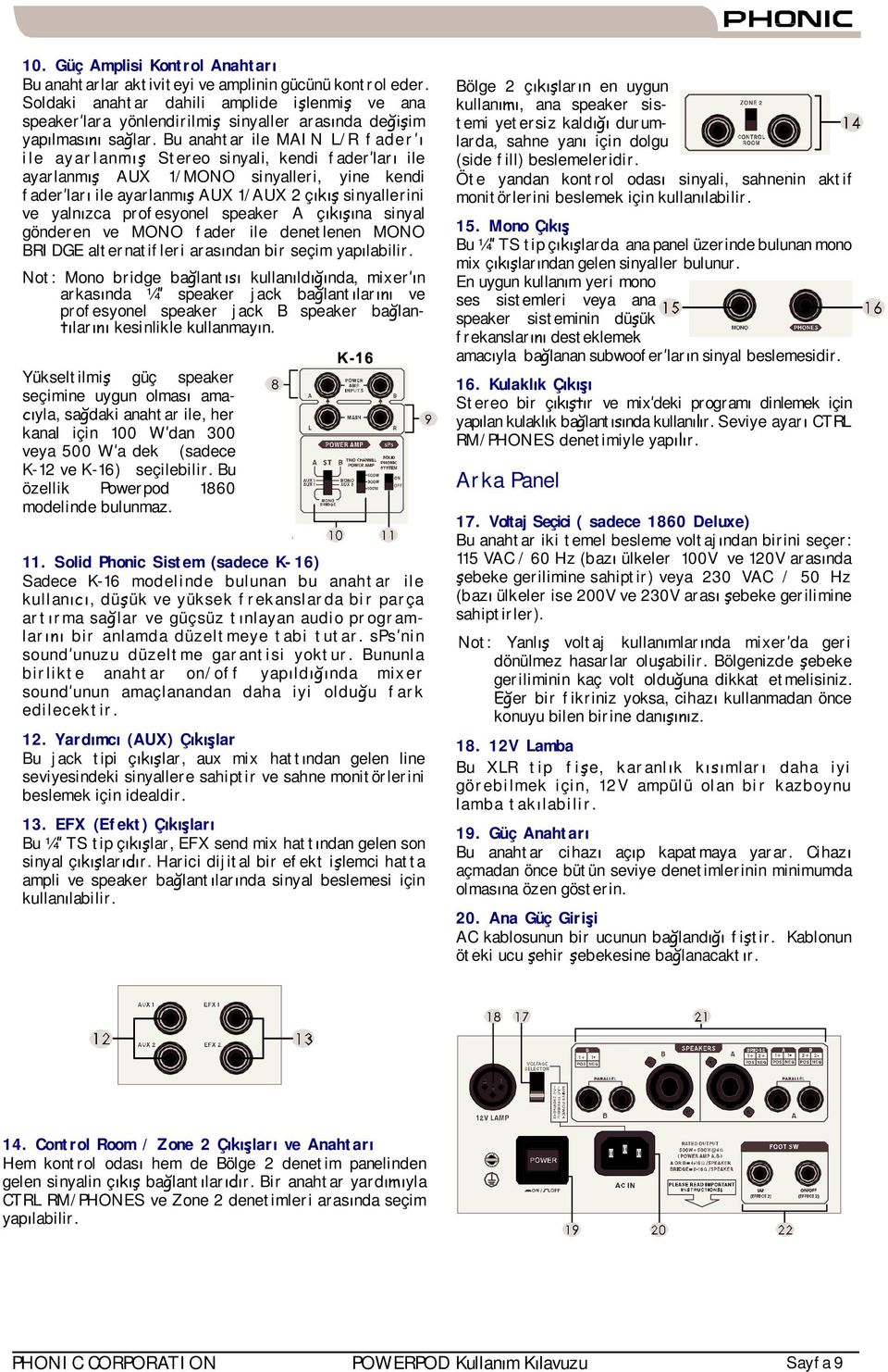 Bu anahtar ile MAIN L/R fader ile ayarlanm Stereo sinyali, kendi fader lar ile ayarlanm AUX 1/MONO sinyalleri, yine kendi fader lar ile ayarlanm AUX 1/AUX 2 ç sinyallerini ve yaln zca profesyonel