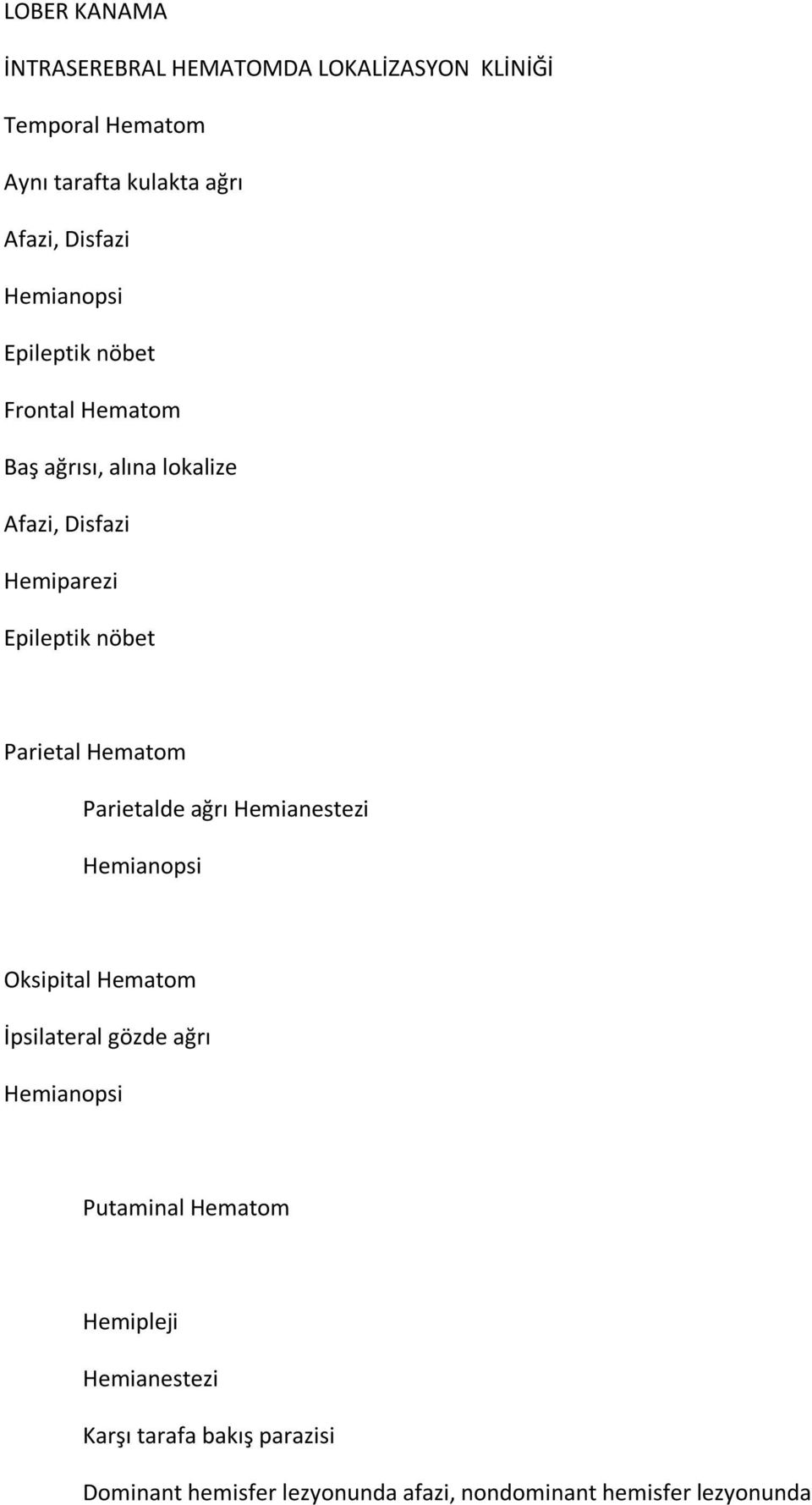 Parietal Hematom Parietalde ağrı Hemianestezi Hemianopsi Oksipital Hematom İpsilateral gözde ağrı Hemianopsi Putaminal