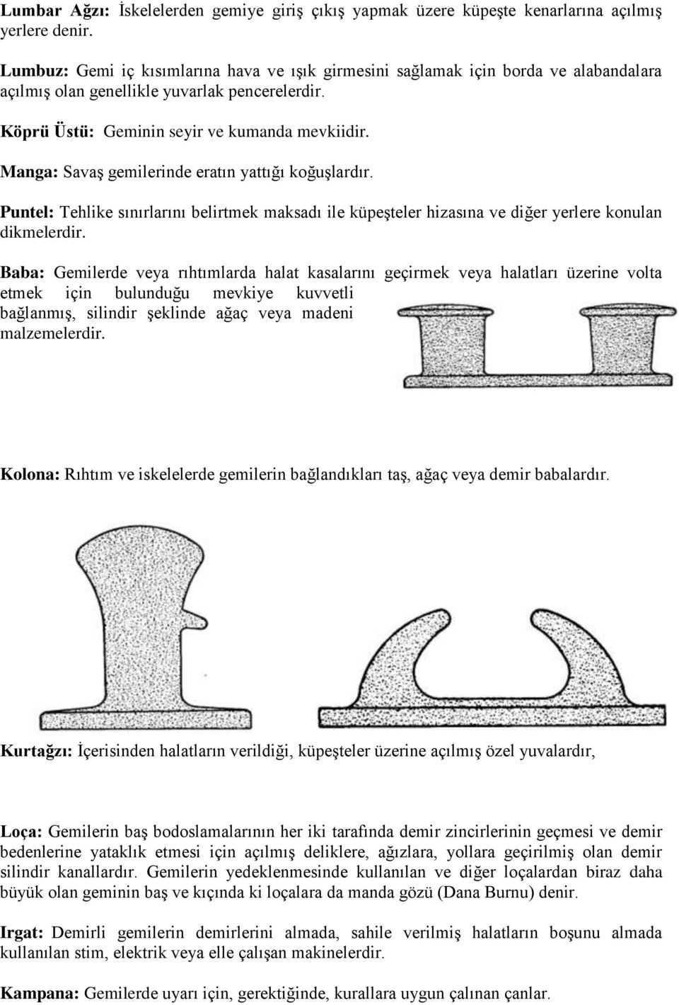 Manga: Savaş gemilerinde eratın yattığı koğuşlardır. Puntel: Tehlike sınırlarını belirtmek maksadı ile küpeşteler hizasına ve diğer yerlere konulan dikmelerdir.