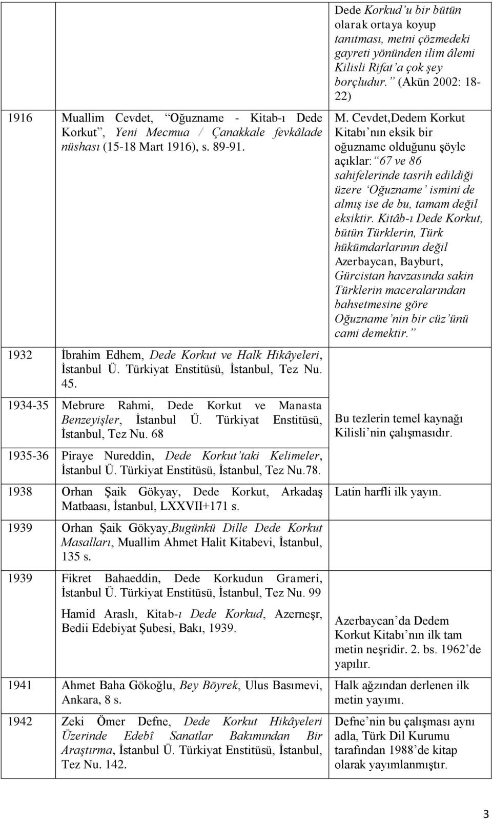 68 1935-36 Piraye Nureddin, Dede Korkut taki Kelimeler, İstanbul Ü. Türkiyat Enstitüsü, İstanbul, Tez Nu.78. 1938 Orhan Şaik Gökyay, Dede Korkut, Arkadaş Matbaası, İstanbul, LXXVII+171 s.