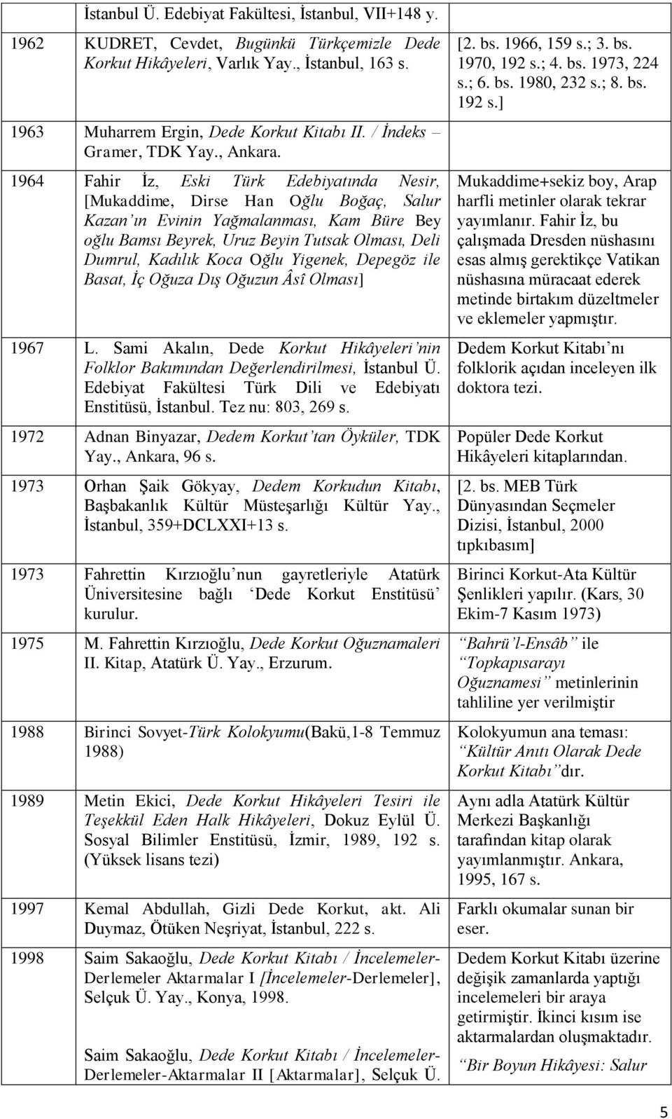 1964 Fahir İz, Eski Türk Edebiyatında Nesir, [Mukaddime, Dirse Han Oğlu Boğaç, Salur Kazan ın Evinin Yağmalanması, Kam Büre Bey oğlu Bamsı Beyrek, Uruz Beyin Tutsak Olması, Deli Dumrul, Kadılık Koca