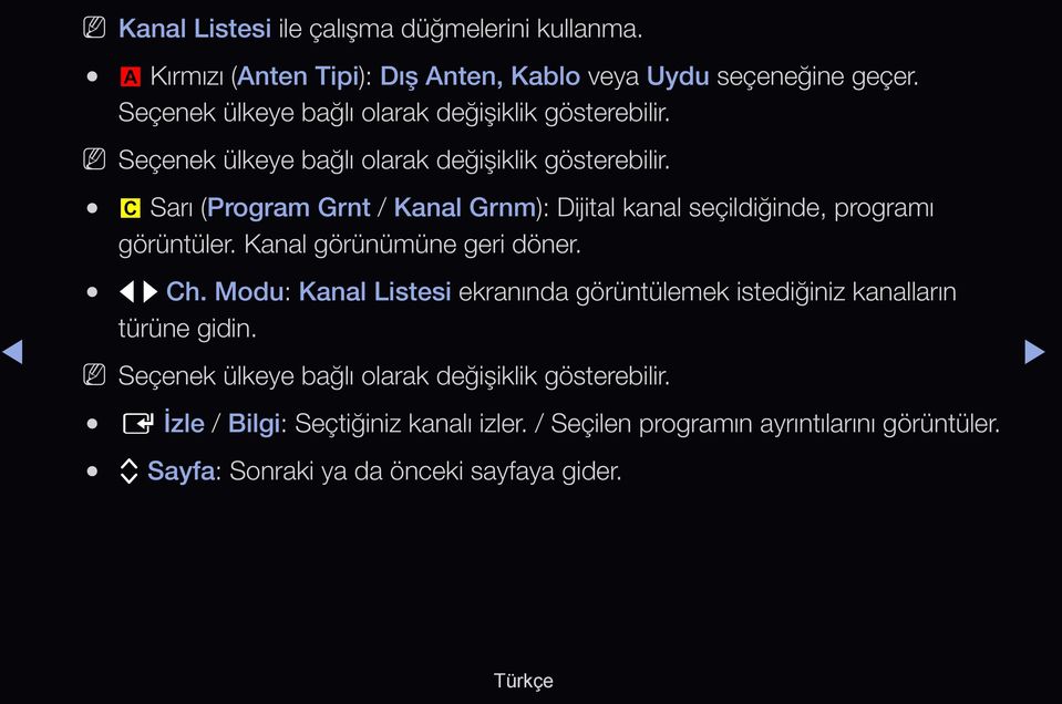 { Sarı (Program Grnt / Kanal Grnm): Dijital kanal seçildiğinde, programı görüntüler. Kanal görünümüne geri döner. l r Ch.