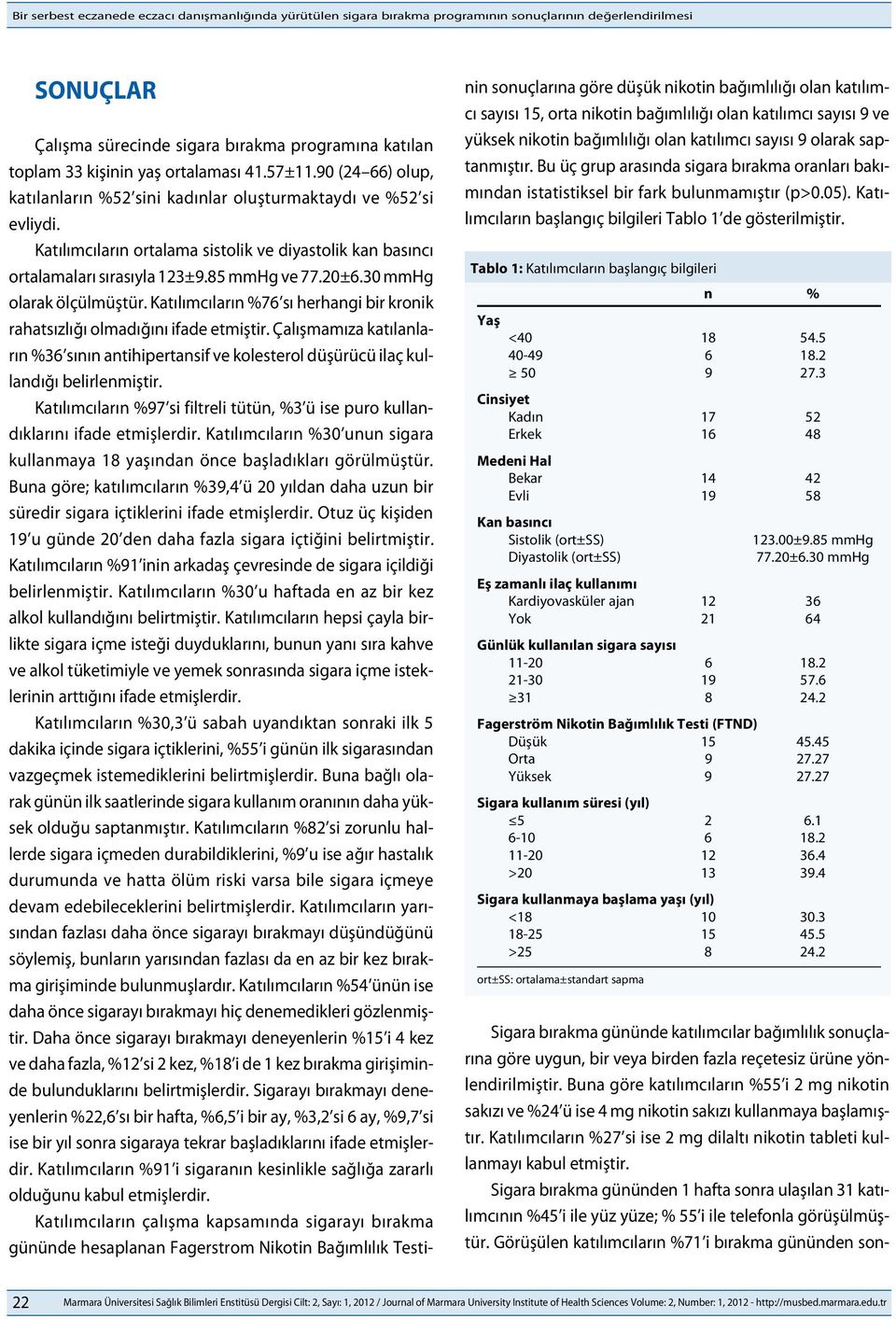 85 mmhg ve 77.20±6.30 mmhg olarak ölçülmüştür. Katılımcıların %76 sı herhangi bir kronik rahatsızlığı olmadığını ifade etmiştir.