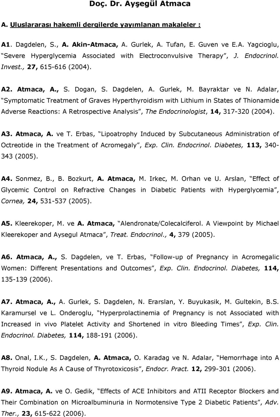 Adalar, Symptomatic Treatment of Graves Hyperthyroidism with Lithium in States of Thionamide Adverse Reactions: A Retrospective Analysis, The Endocrinologist, 14, 317-320 (2004). A3. Atmaca, A. ve T.