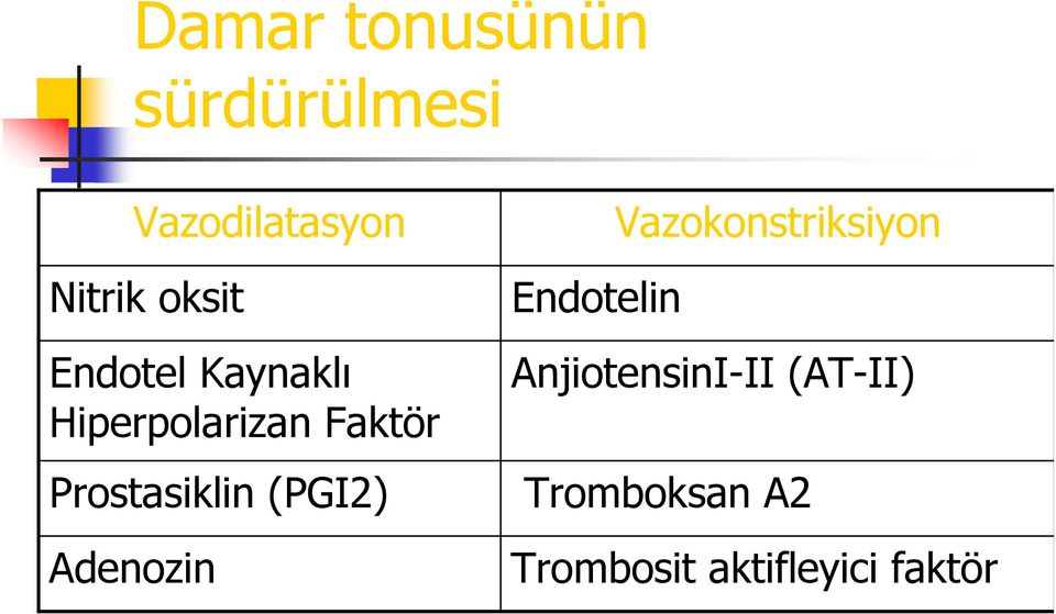 Prostasiklin (PGI2) Adenozin Vazokonstriksiyon