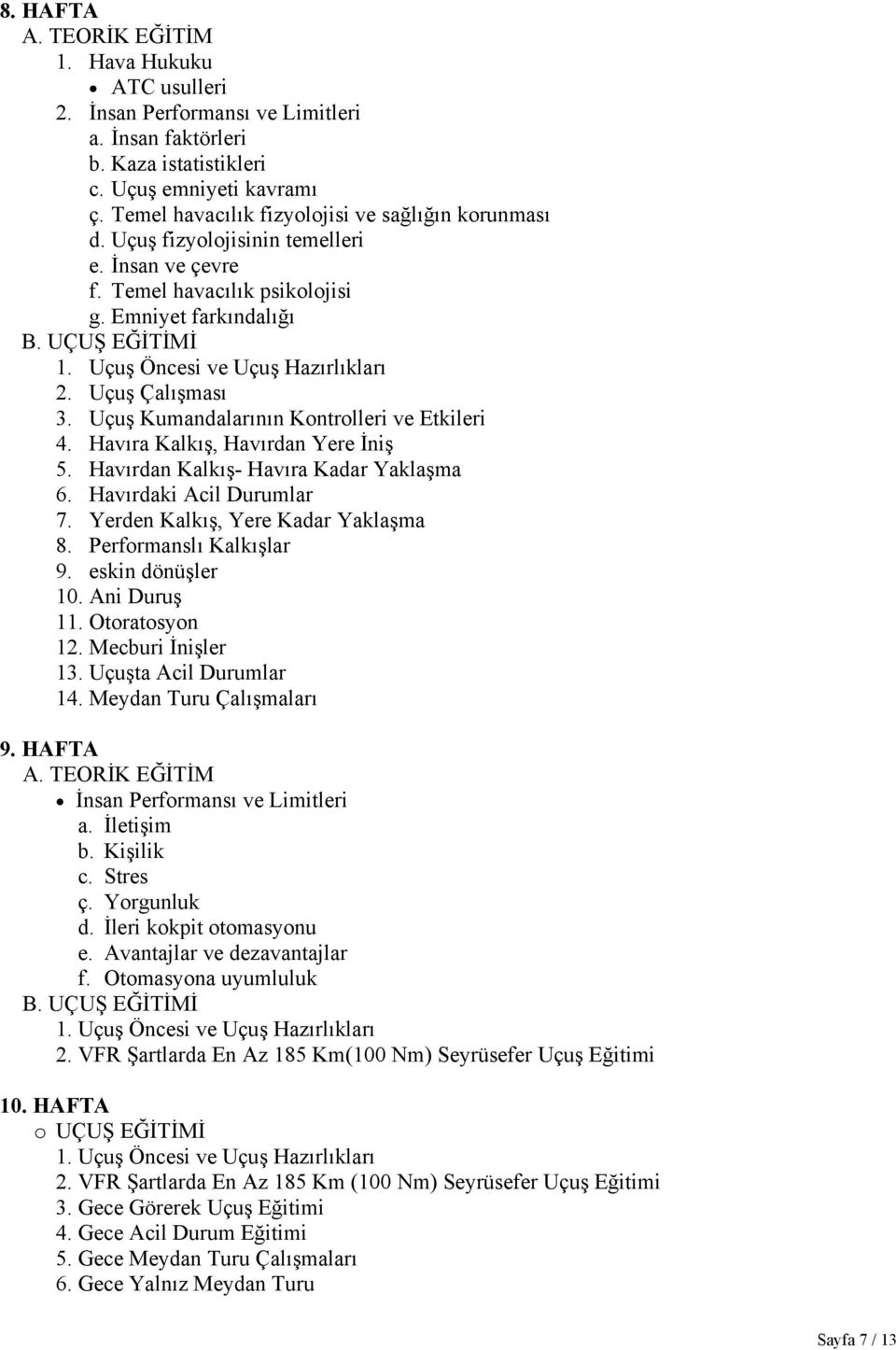 Havıra Kalkış, Havırdan Yere İniş 5. Havırdan Kalkış- Havıra Kadar Yaklaşma 6. Havırdaki Acil Durumlar 7. Yerden Kalkış, Yere Kadar Yaklaşma 8. Performanslı Kalkışlar 9. eskin dönüşler 10.