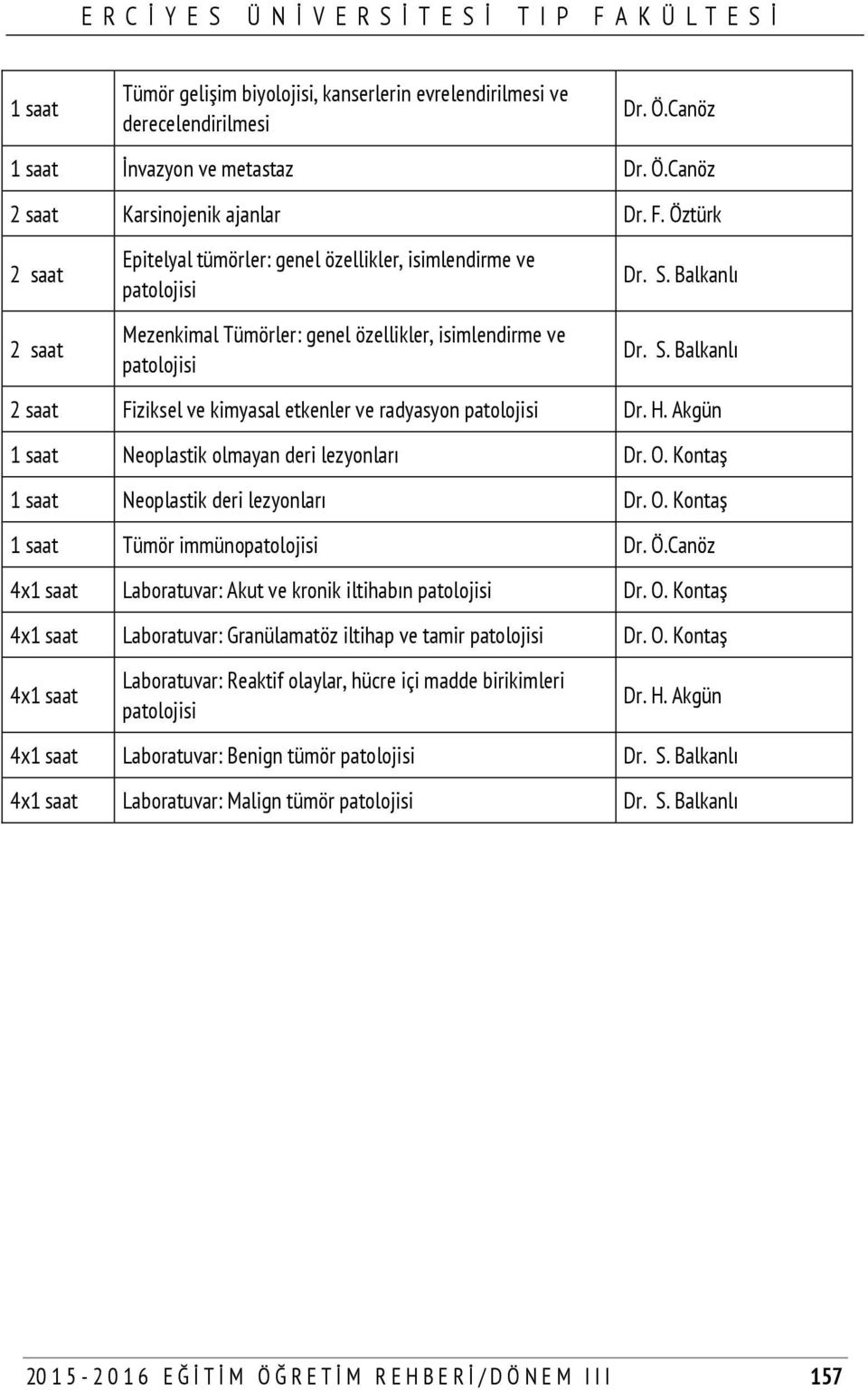 Balkanlı Dr. S. Balkanlı 2 saat Fiziksel ve kimyasal etkenler ve radyasyon patolojisi Dr. H. Akgün 1 saat Neoplastik olmayan deri lezyonları Dr. O. Kontaş 1 saat Neoplastik deri lezyonları Dr. O. Kontaş 1 saat Tümör immünopatolojisi Dr.