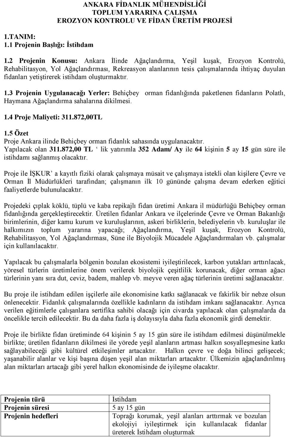 istihdam oluşturmaktır. 1.3 Projenin Uygulanacağı Yerler: Behiçbey orman fidanlığında paketlenen fidanların Polatlı, Haymana Ağaçlandırma sahalarına dikilmesi. 1.4 Proje Maliyeti: 311.872,00TL 1.