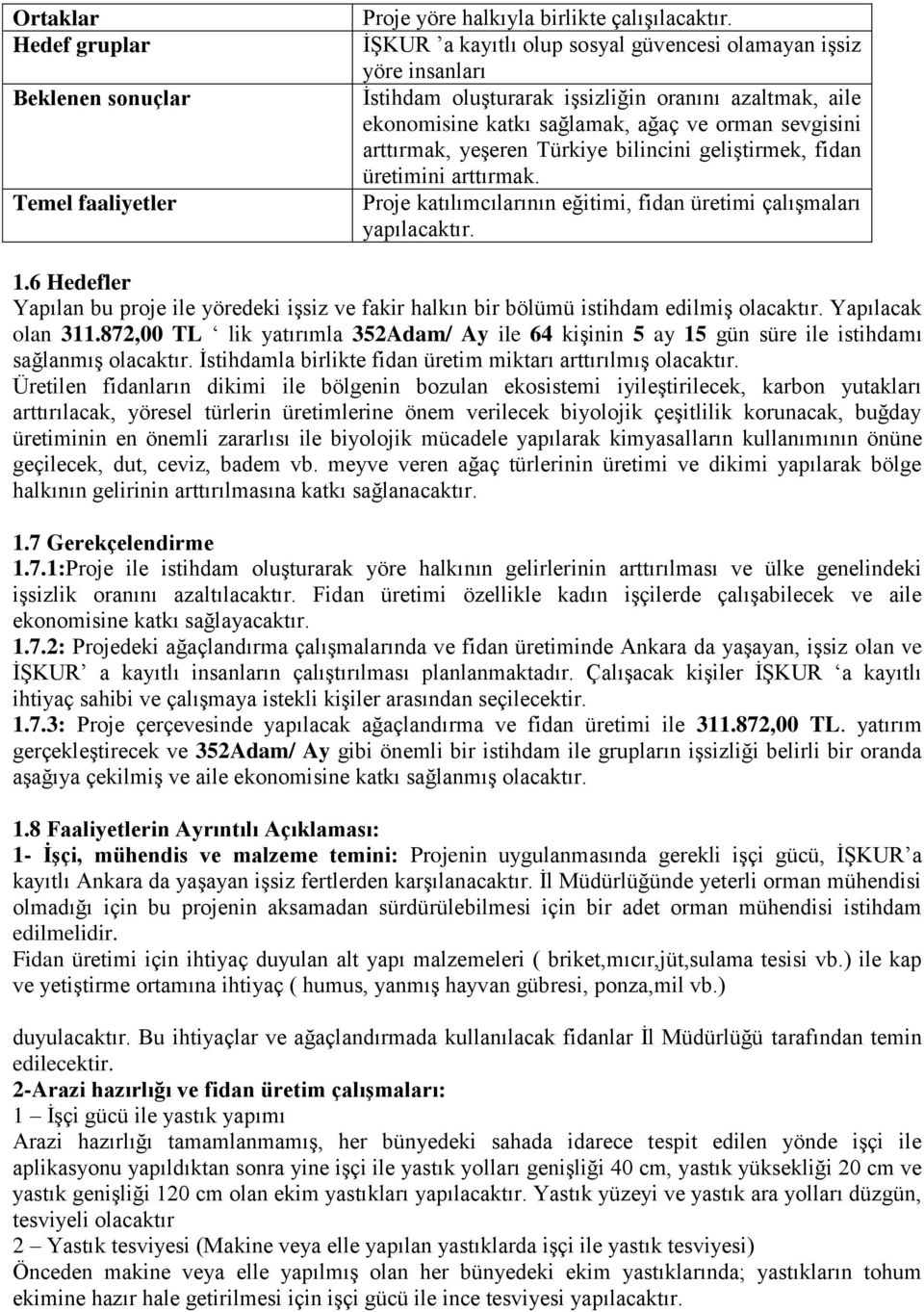 Türkiye bilincini geliştirmek, fidan üretimini arttırmak. Proje katılımcılarının eğitimi, fidan üretimi çalışmaları yapılacaktır. 1.