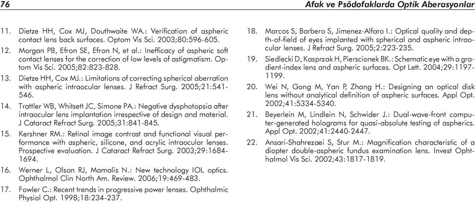 : Limitations of correcting spherical aberration with aspheric intraocular lenses. J Refract Surg. 2005;21:541-546. 14. Trattler WB, Whitsett JC, Simone PA.