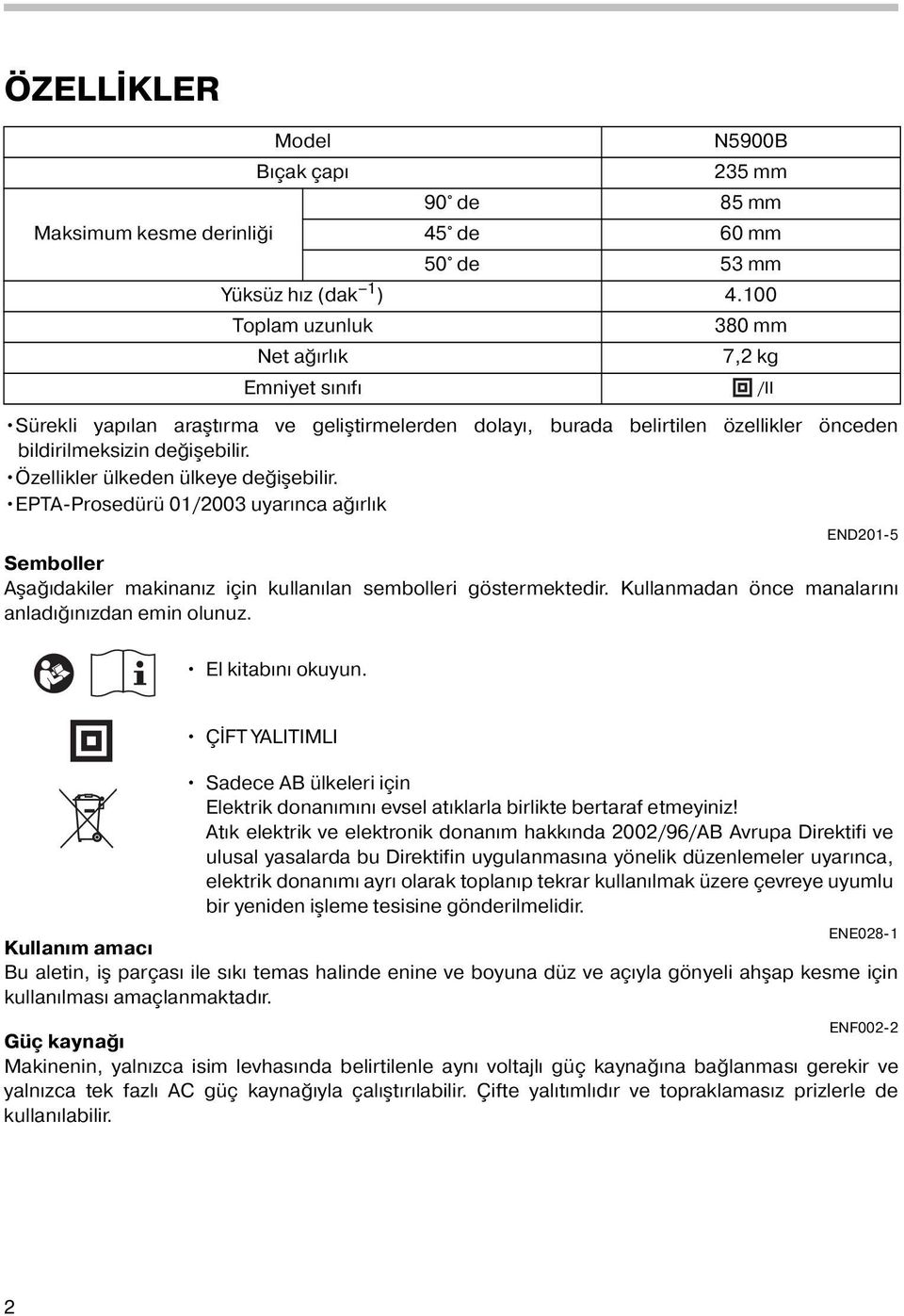 Özellikler ülkeden ülkeye değişebilir. EPTA-Prosedürü 0/003 uyarınca ağırlık END0-5 Semboller Aşağıdakiler makinanız için kullanılan sembolleri göstermektedir.