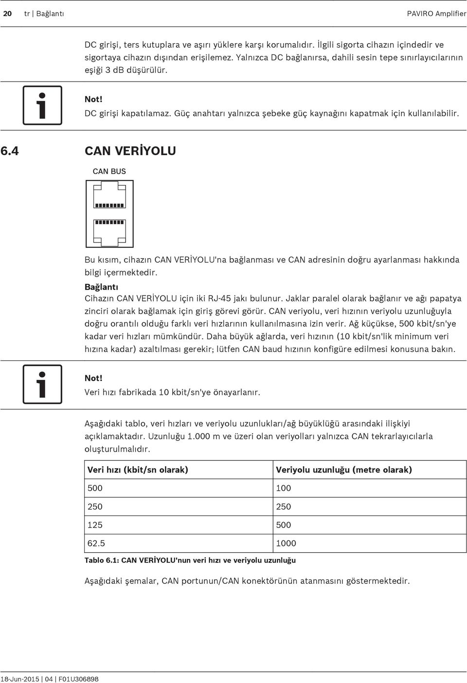 4 CAN VERİYOLU Bu kısım, cihazın CAN VERİYOLU'na bağlanması ve CAN adresinin doğru ayarlanması hakkında bilgi içermektedir. Bağlantı Cihazın CAN VERİYOLU için iki RJ-45 jakı bulunur.