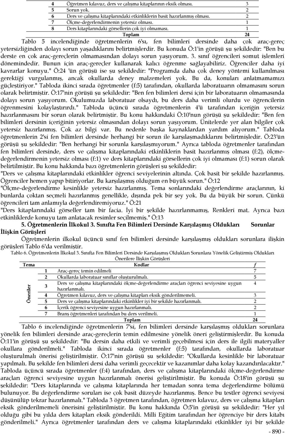 1 Toplam 24 Tablo 5 incelendiğinde öğretmenlerin 6'sı, fen bilimleri dersinde daha çok araç-gereç yetersizliğinden dolayı sorun yaşadıklarını belirtmişlerdir.