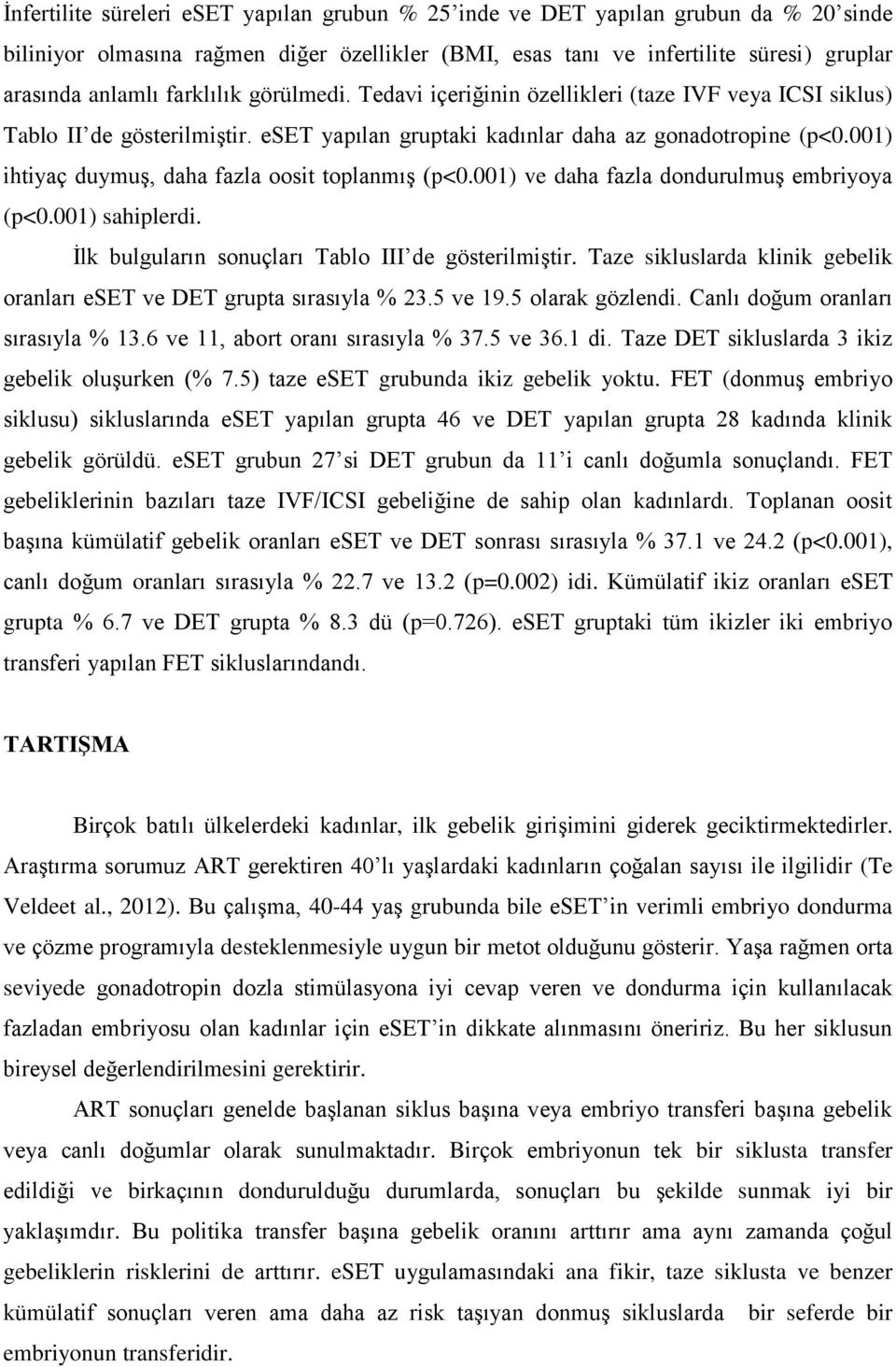 001) ihtiyaç duymuş, daha fazla oosit toplanmış (p<0.001) ve daha fazla dondurulmuş embriyoya (p<0.001) sahiplerdi. İlk bulguların sonuçları Tablo III de gösterilmiştir.