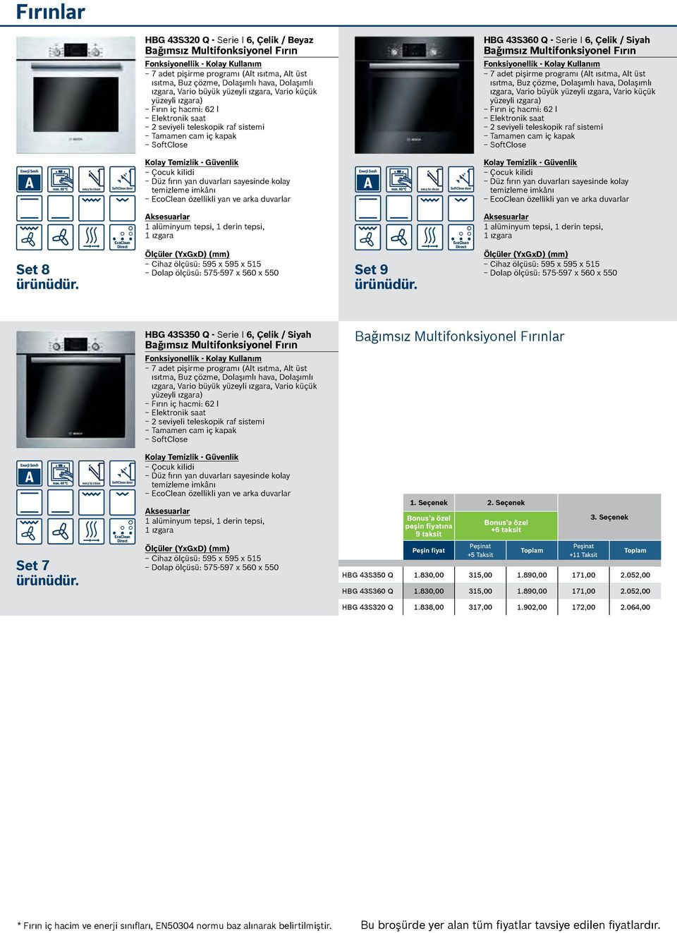 Multifonksiyonel Fırın 7 adet pişirme programı (Alt ısıtma, Alt üst ısıtma, Buz çözme, Dolaşımlı hava, Dolaşımlı ızgara, Vario büyük yüzeyli ızgara, Vario küçük yüzeyli ızgara) Fırın iç hacmi: 62 l