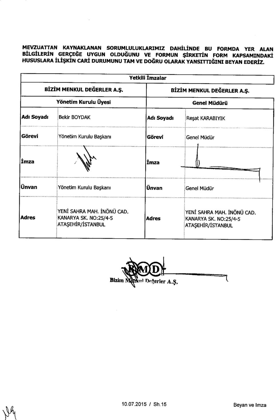 Bekir BOYDAK Adi Soyadi Regat KARABIYIK Gorevi Yonetim Kurulu Ba;kam Gorevi # Genel MUdUr ----------- -- -------------- - ------ Imza Imza Unvan Yi netim Kurulu Bagkam Unvan ' Genel