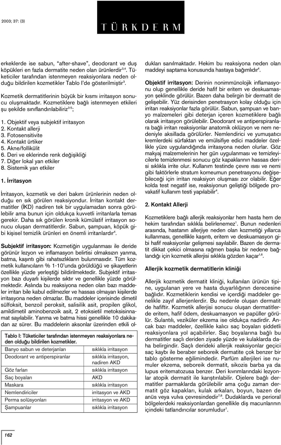 Kozmetiklere ba l istenmeyen etkileri flu flekilde s n fland r labiliriz 3-5 ; 1. Objektif veya subjektif irritasyon 2. Kontakt allerji 3. Fotosensitivite 4. Kontakt ürtiker 5. Akne/follikülit 6.