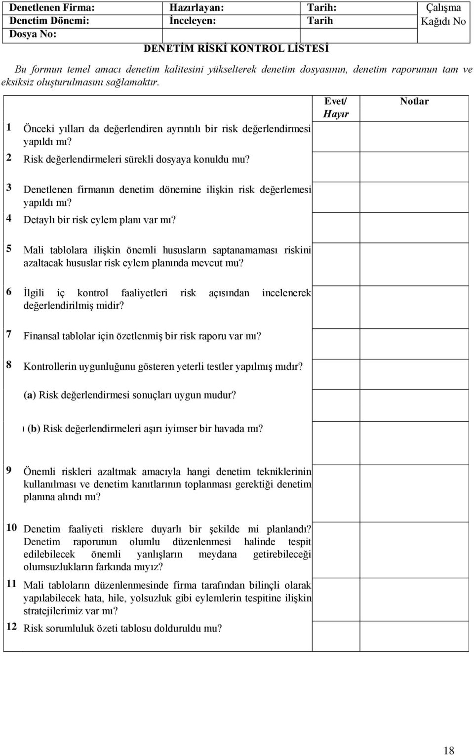 Evet/ Hayır Notlar 3 Denetlenen firmanın denetim dönemine ilişkin risk değerlemesi yapıldı mı? 4 Detaylı bir risk eylem planı var mı?