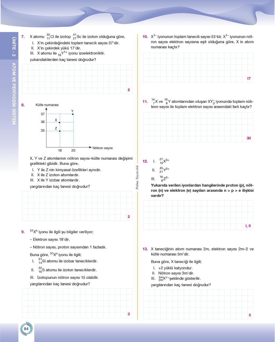 1 iyonunun nötron elektron na eşit olduğuna göre, in atom numarası kaçtır? 11. 14 7 ve 16 8 atomlarından oluşan 3 iyonunda toplam nükleon ile toplam elektron arasındaki fark kaçtır?
