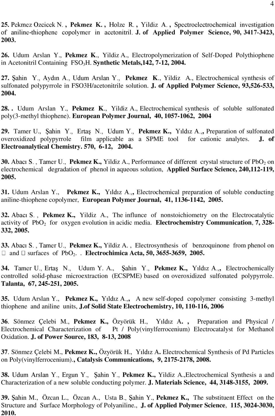 , Pekmez K., Yildiz A., Electrochemical synthesis of sulfonated polypyrrole in FSO3H/acetonitrile solution. J. of Applied Polymer Science, 93,526-533, 2004. 28.. Udum Arslan Y., Pekmez K., Yildiz A., Electrochemical synthesis of soluble sulfonated poly(3-methyl thiophene).