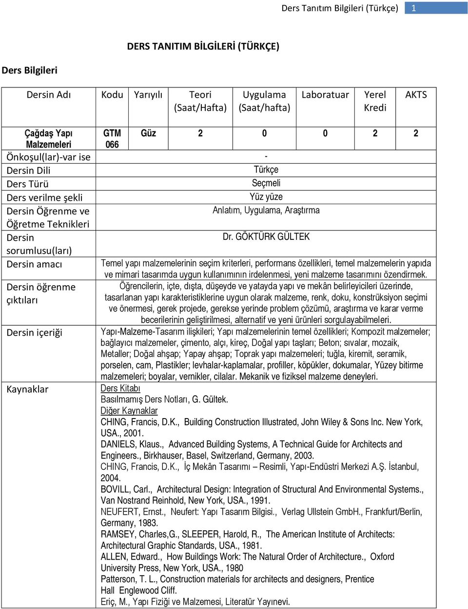GÖKTÜRK GÜLTEK sorumlusu(ları) Dersin amacı Temel yapı malzemelerinin seçim kriterleri, performans özellikleri, temel malzemelerin yapıda ve mimari tasarımda uygun kullanımının irdelenmesi, yeni