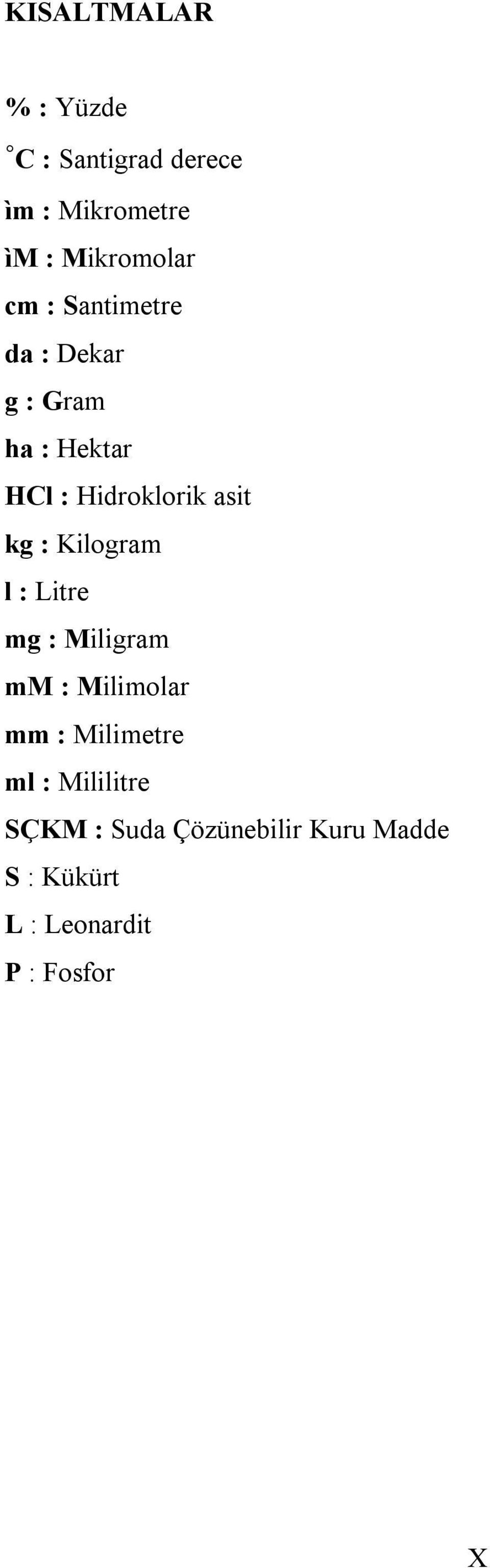 Kilogram l : Litre mg : Miligram mm : Milimolar mm : Milimetre ml :