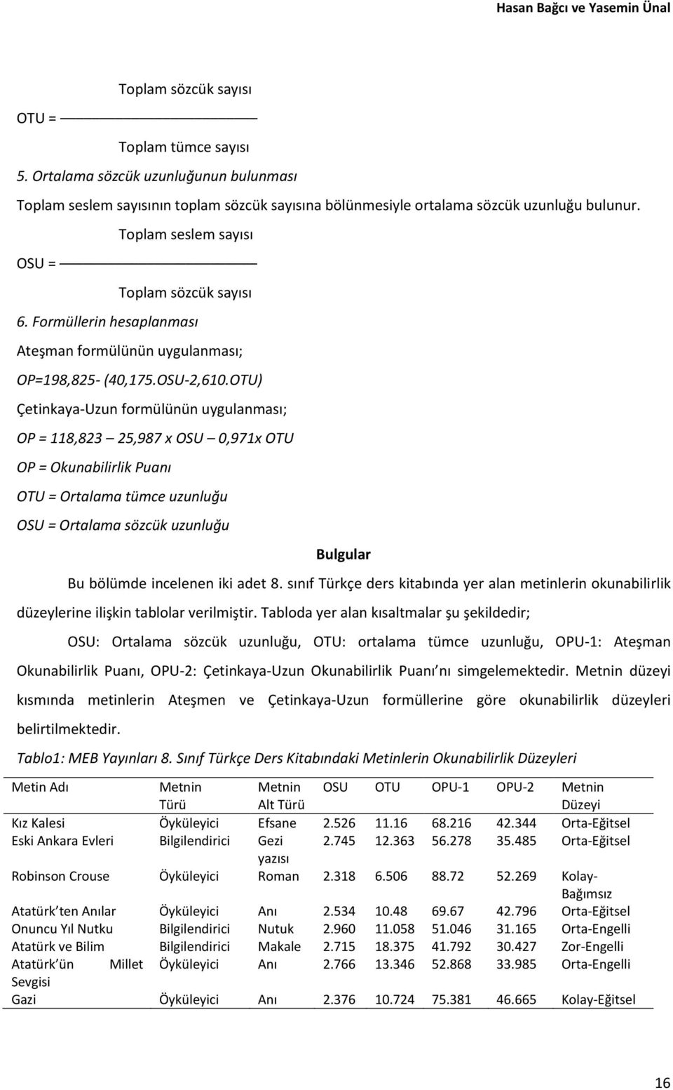 Formüllerin hesaplanması Ateşman formülünün uygulanması; OP=198,825- (40,175.OSU-2,610.