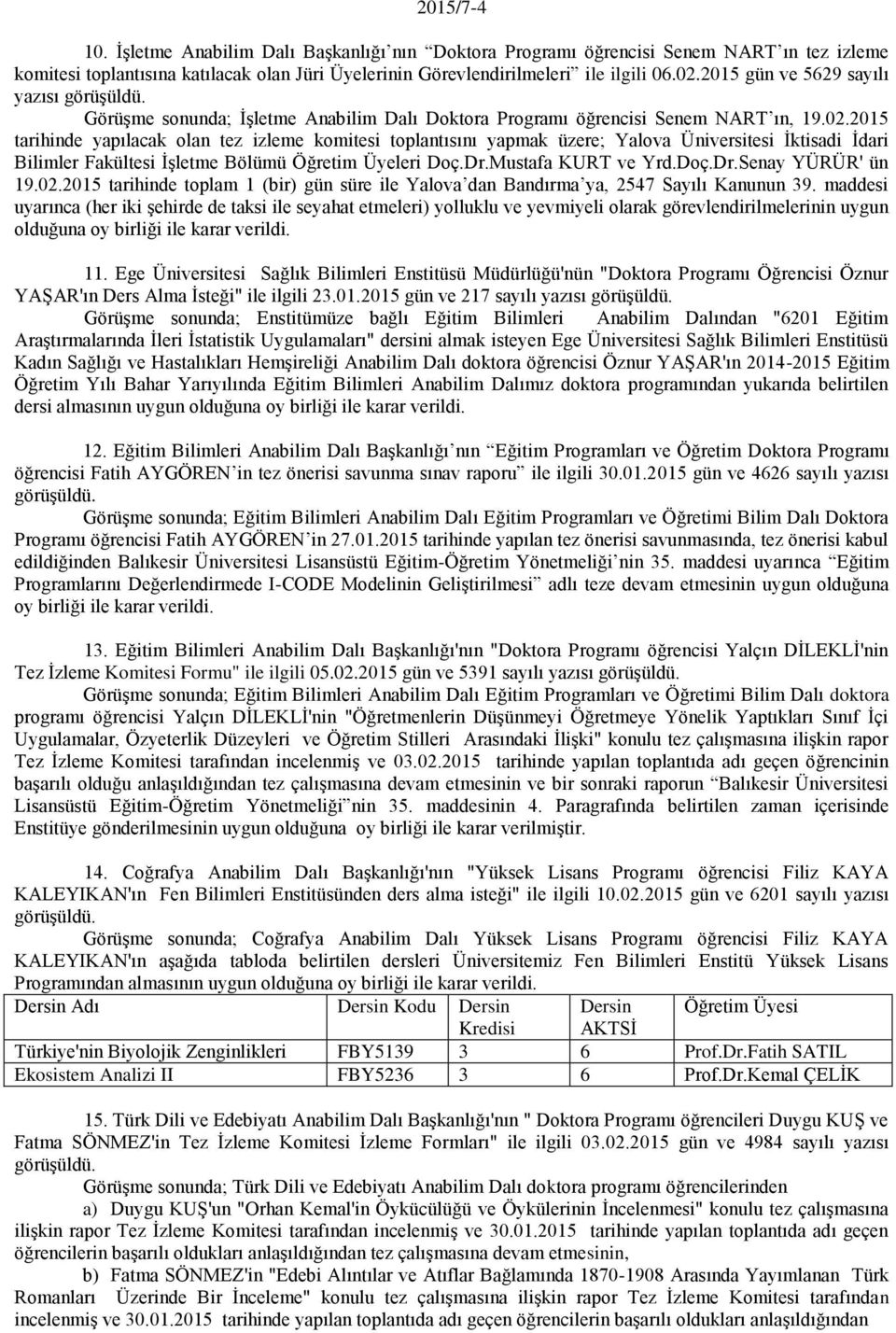 2015 tarihinde yapılacak olan tez izleme komitesi toplantısını yapmak üzere; Yalova Üniversitesi İktisadi İdari Bilimler Fakültesi İşletme Bölümü Öğretim Üyeleri Doç.Dr.Mustafa KURT ve Yrd.Doç.Dr.Senay YÜRÜR' ün 19.