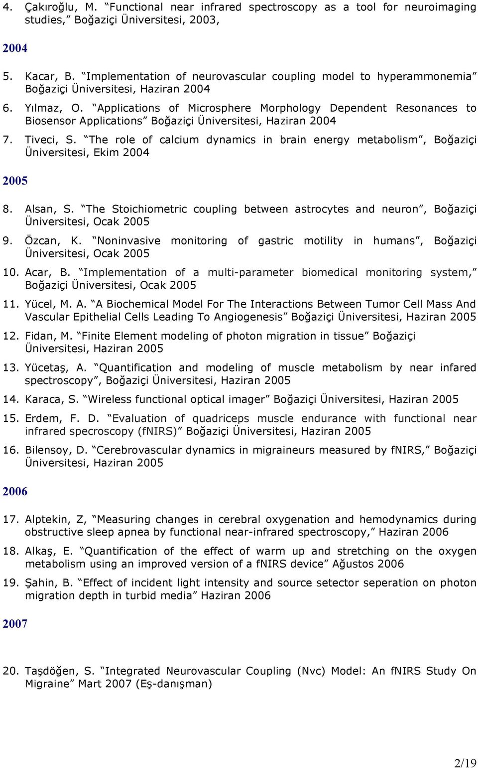 Applications of Microsphere Morphology Dependent Resonances to Biosensor Applications Boğaziçi Üniversitesi, Haziran 2004 7. Tiveci, S.