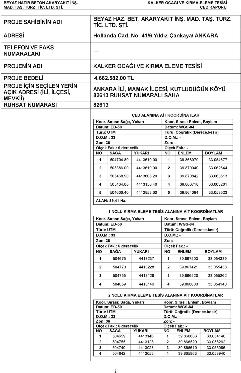 582,00 TL ANKARA ĠLĠ, MAMAK ĠLÇESĠ, KUTLUDÜĞÜN KÖYÜ 82613 RUHSAT NUMARALI SAHA ÇED ALANINA AĠT KOORDĠNATLAR Koor. Sırası: Sağa, Yukarı Koor.