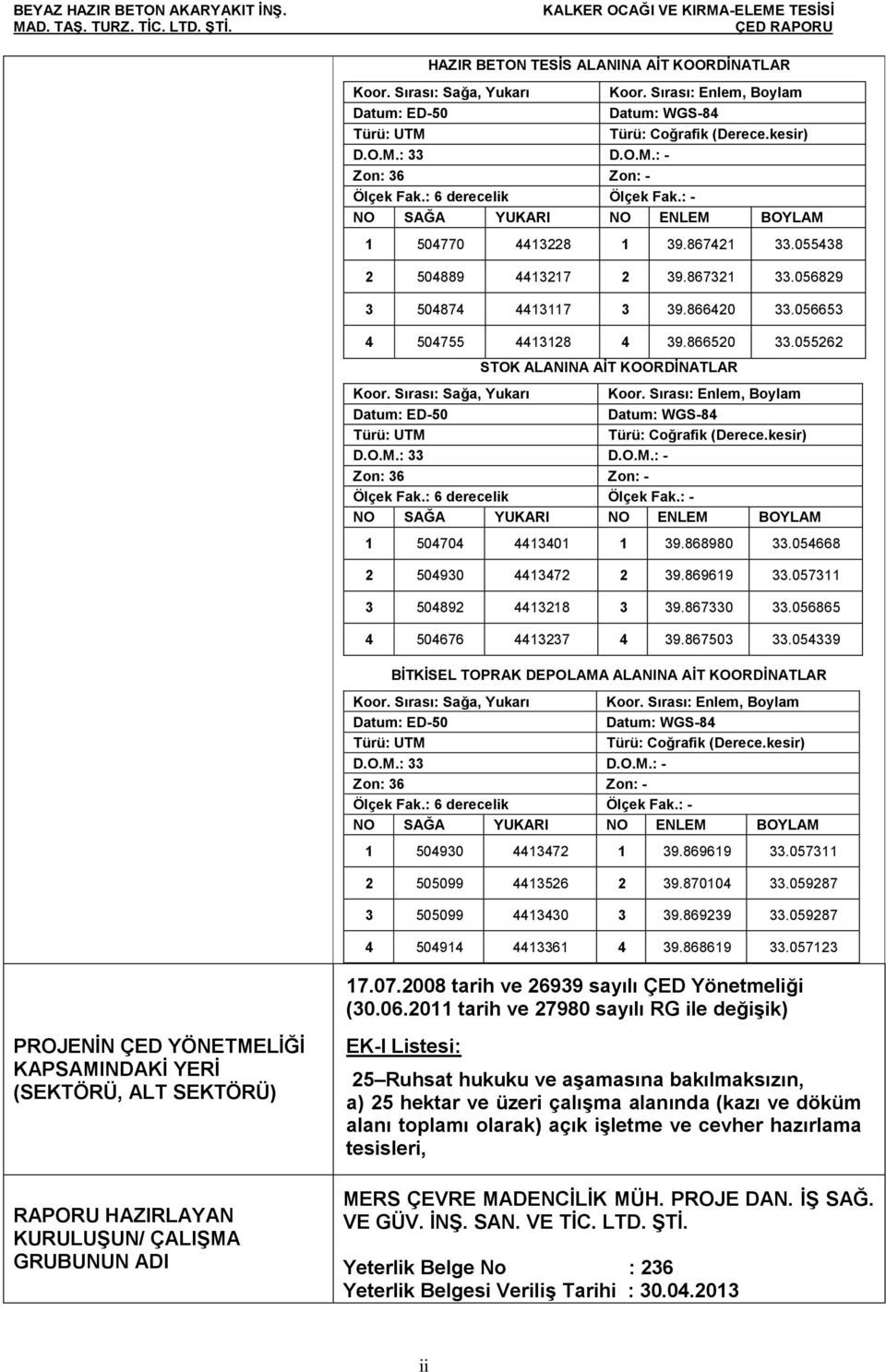 866520 33.055262 STOK ALANINA AĠT KOORDĠNATLAR Koor. Sırası: Sağa, Yukarı Koor. Sırası: Enlem, Boylam Datum: ED-50 Datum: WGS-84 Türü: UTM Türü: Coğrafik (Derece.kesir) D.O.M.: 33 D.O.M.: - Zon: 36 Zon: - Ölçek Fak.