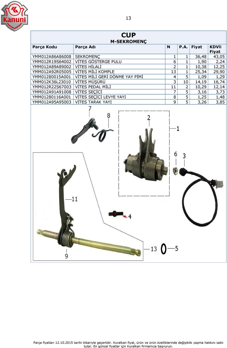 KDVli YMM012A86A86008 SEKROMENÇ 1 1 36,48 43,05 YMM012R19S64002 VİTES GÖSTERGE PULU 6 1 1,90 2,24 YMM012A89A89002 VİTES HİLALİ 2 1
