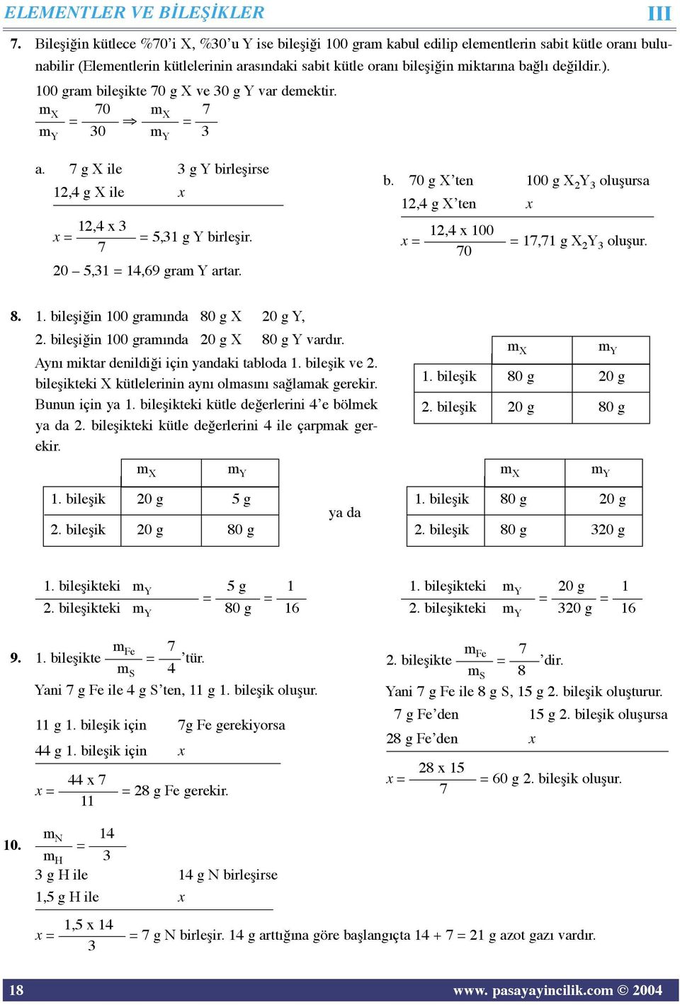 değildir.). 100 gram bileşikte 70 g X ve 30 g Y var demektir. m X 70 m X 7 = = m Y 30 m Y 3 III a. 7 g X ile 3 g Y birleşirse 12,4 g X ile x 12,4 x 3 x = = 5,31 g Y birleşir.